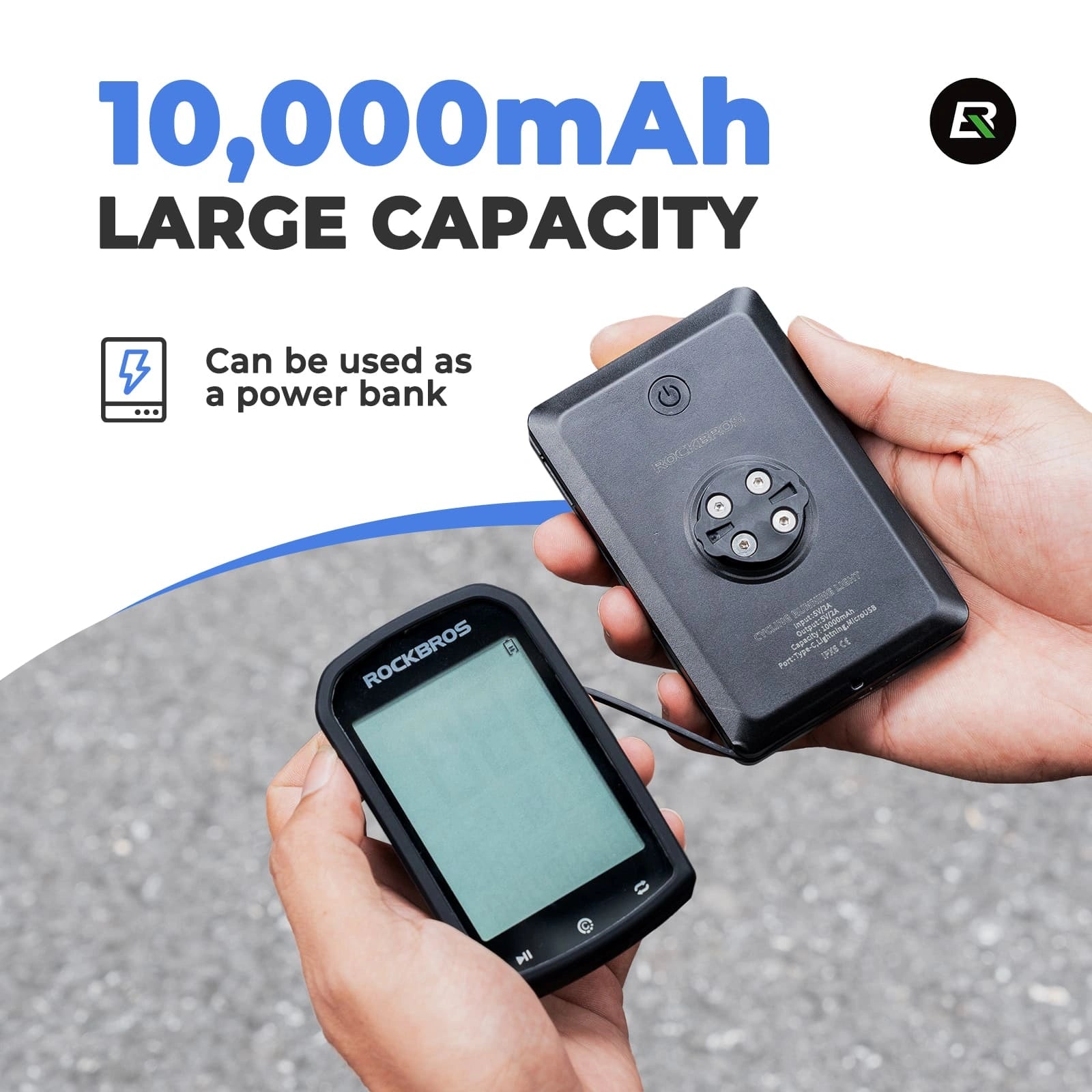 ROCKBROS 10000mAh Bike Front Light Power Bank with Built-In Cable and IP64 Waterproof Design