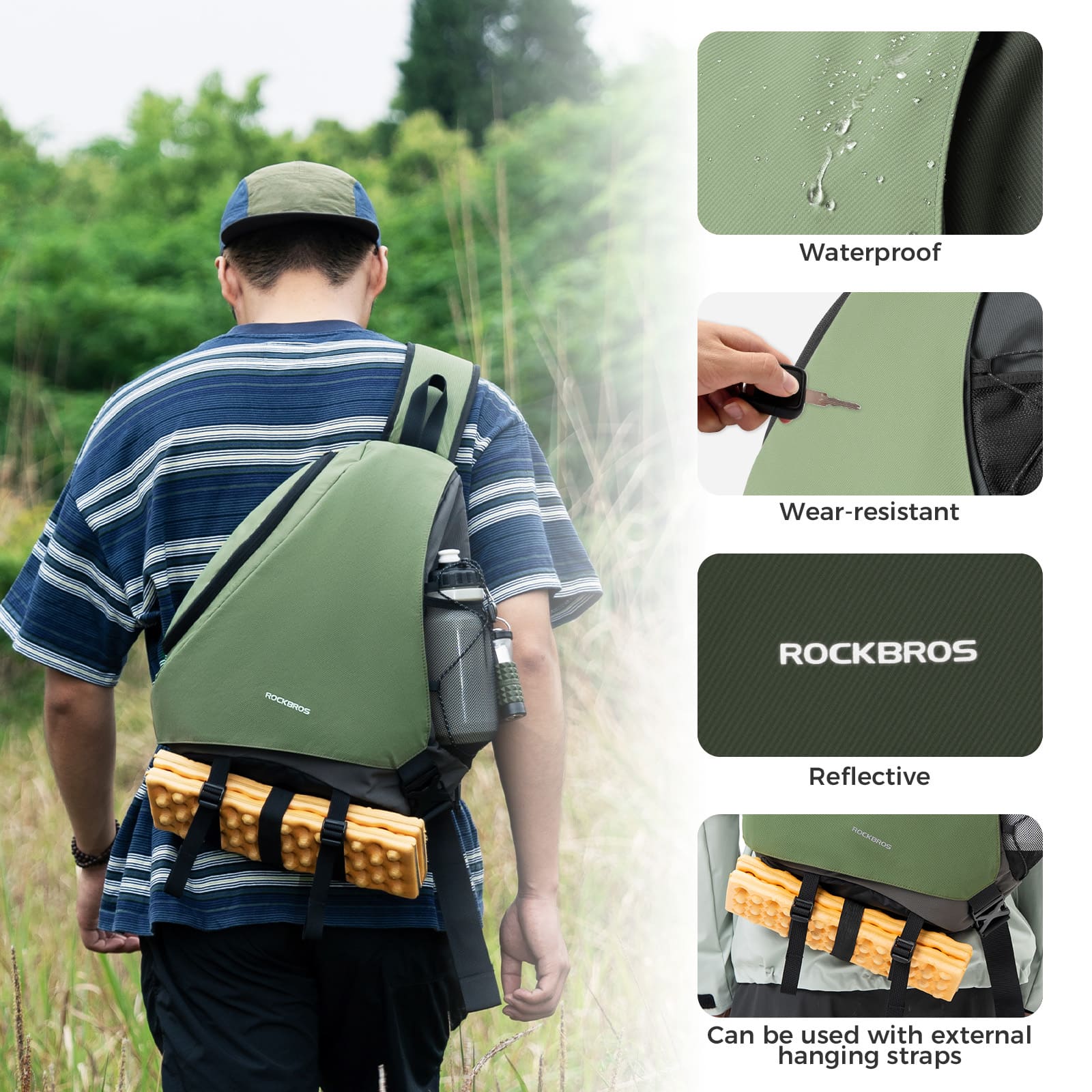 ROCKBROS outdoor crossbody sling bag with magnetic buckle for cycling hiking and daily carry
#Color_Army Green