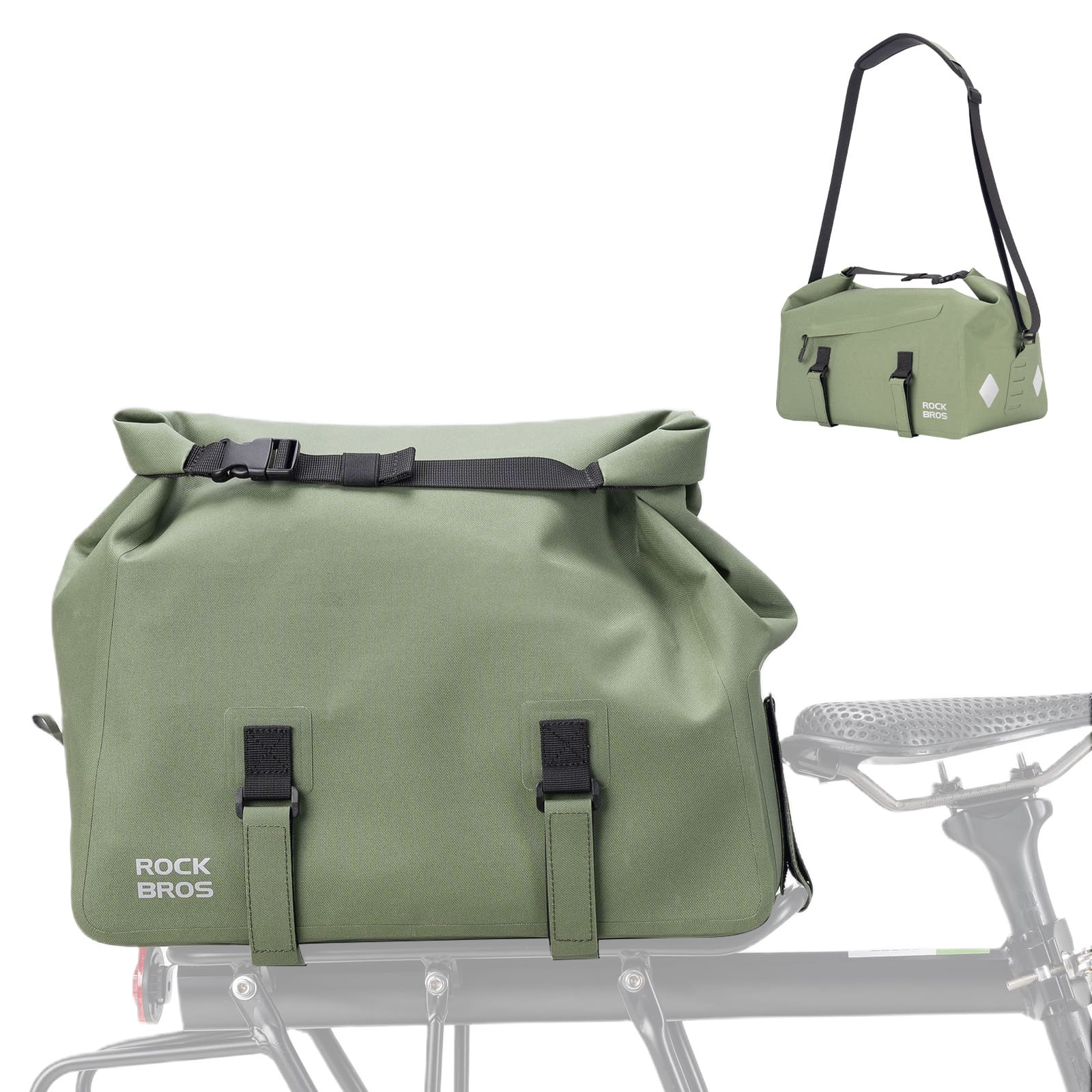 ROCKBROS 16L waterproof bike rear rack bag with roll-top design for cycling commuting and travel
#Color_Olive Green