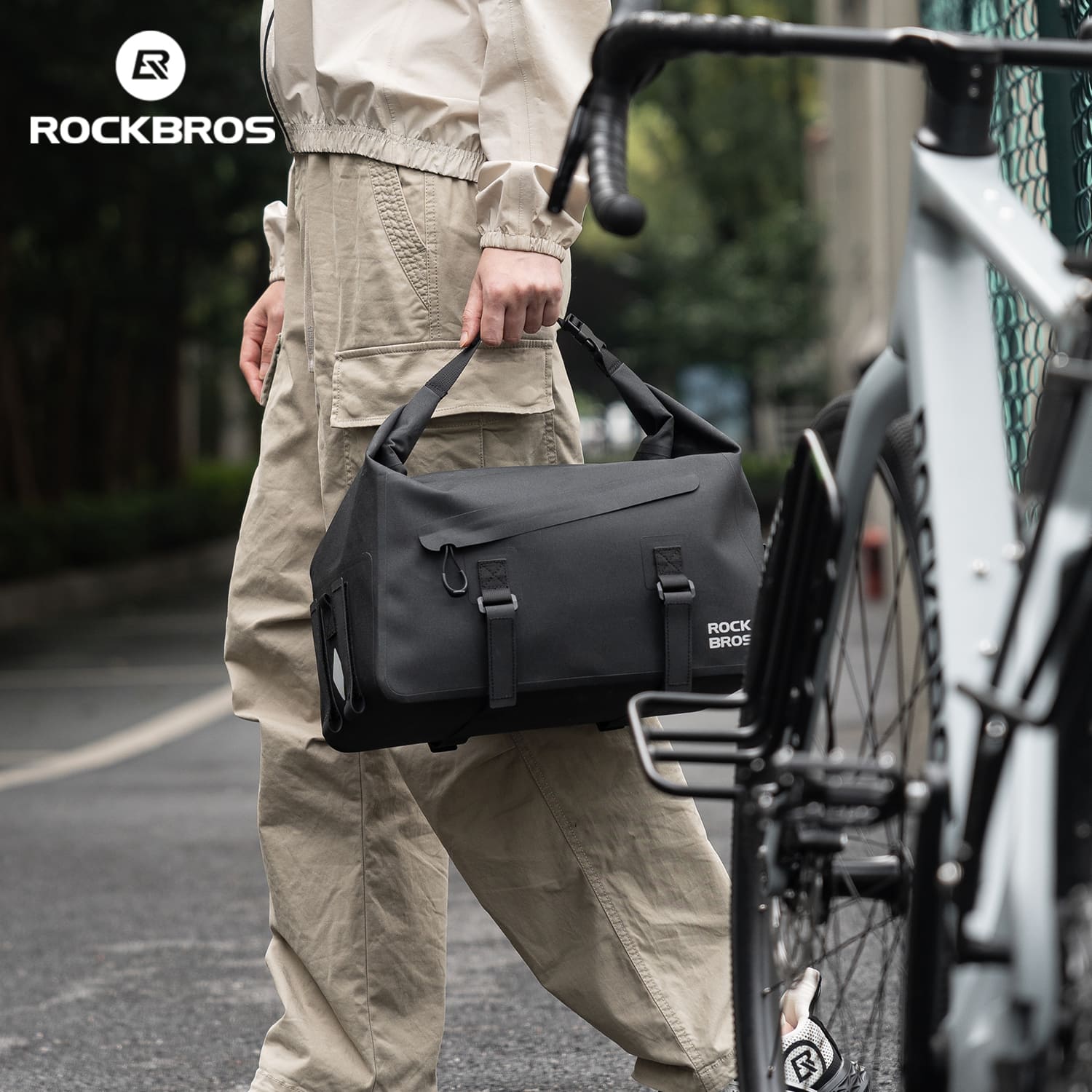 ROCKBROS 16L waterproof bike rear rack bag with roll-top design for cycling commuting and travel