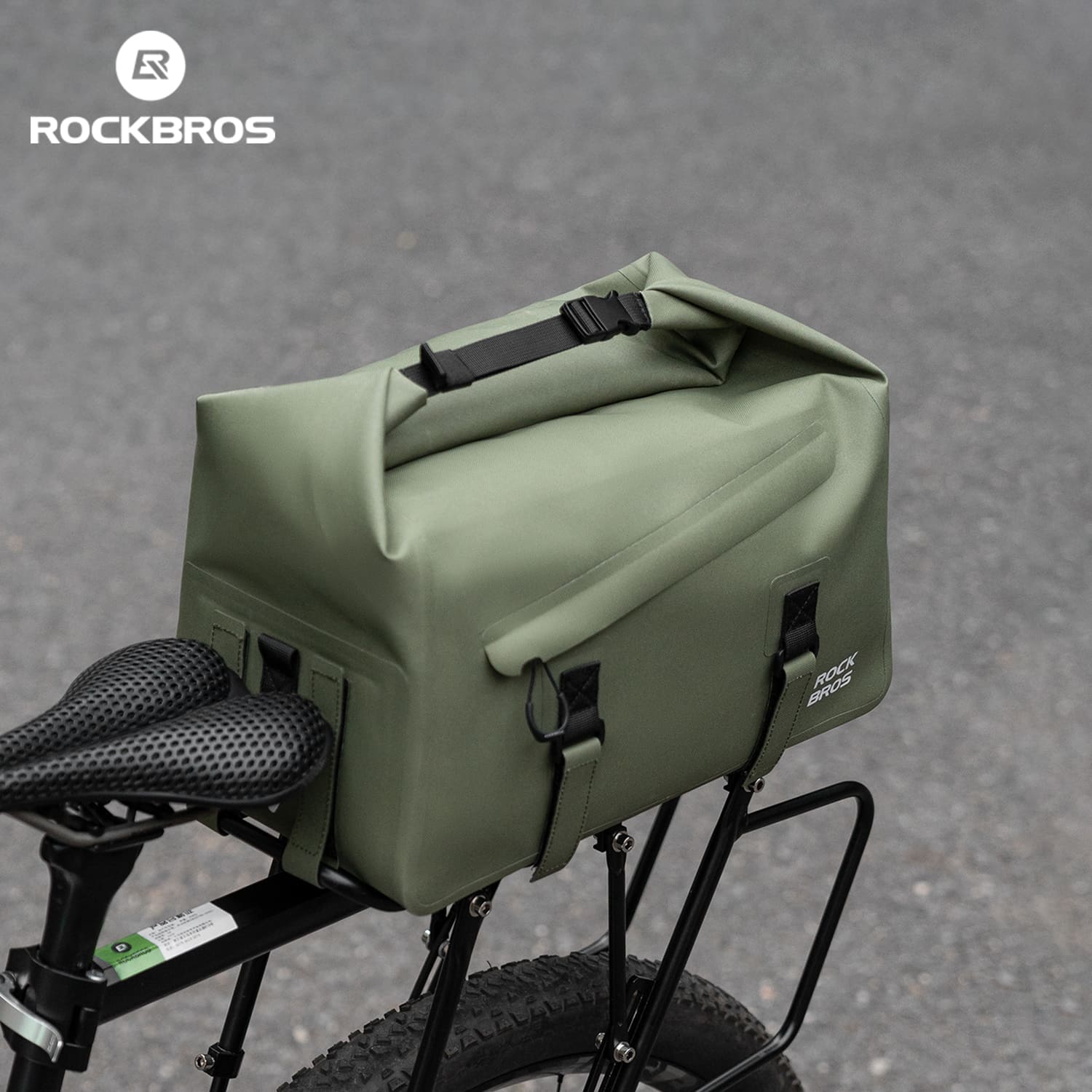 ROCKBROS 16L waterproof bike rear rack bag with roll-top design for cycling commuting and travel