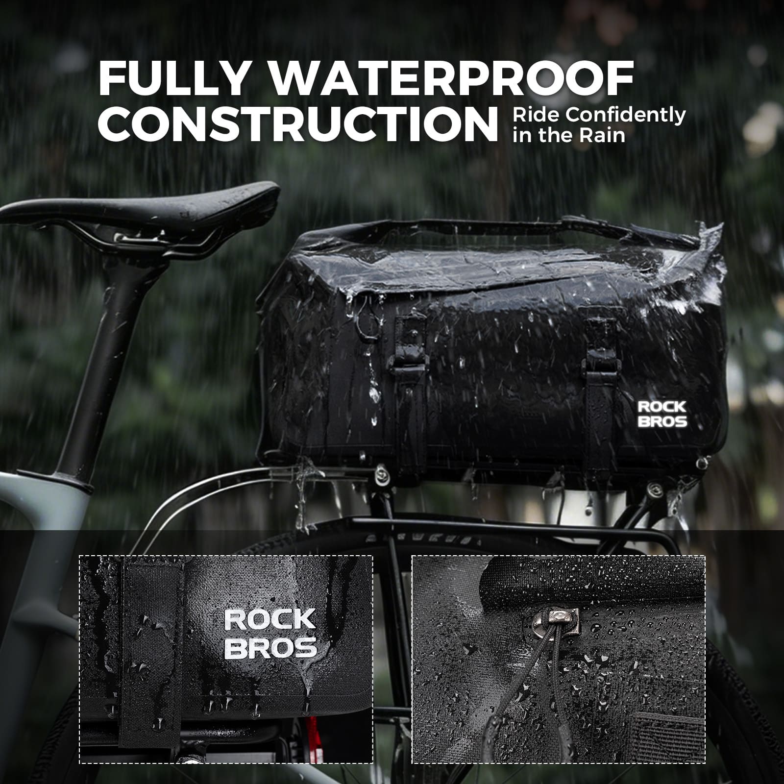 ROCKBROS 16L waterproof bike rear rack bag with roll-top design for cycling commuting and travel