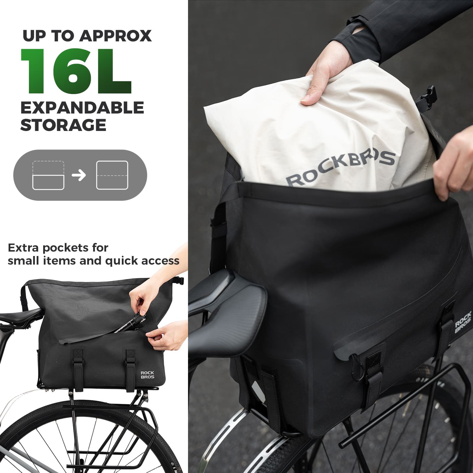 ROCKBROS 16L waterproof bike rear rack bag with roll-top design for cycling commuting and travel