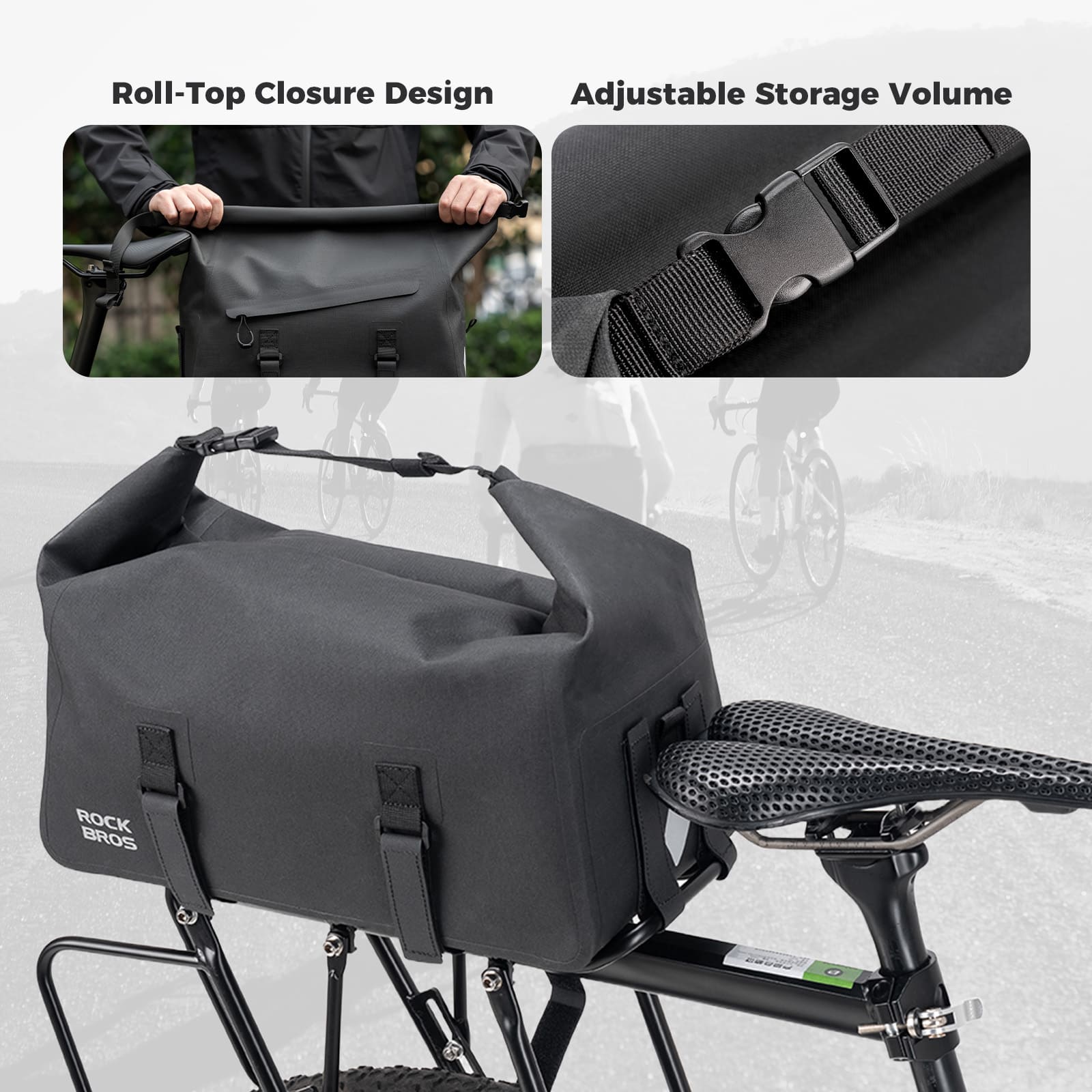 ROCKBROS 16L waterproof bike rear rack bag with roll-top design for cycling commuting and travel