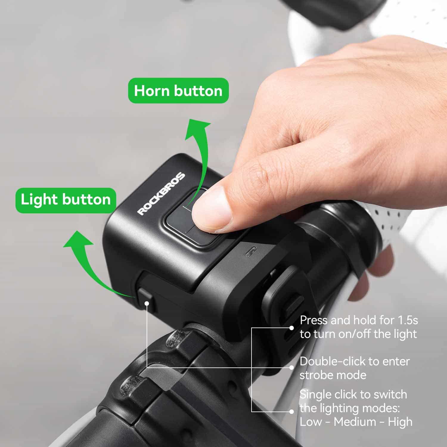 ROCKBROS 2-in-1 bike horn and front light with 450lm brightness for enhanced cycling safety and visibility
