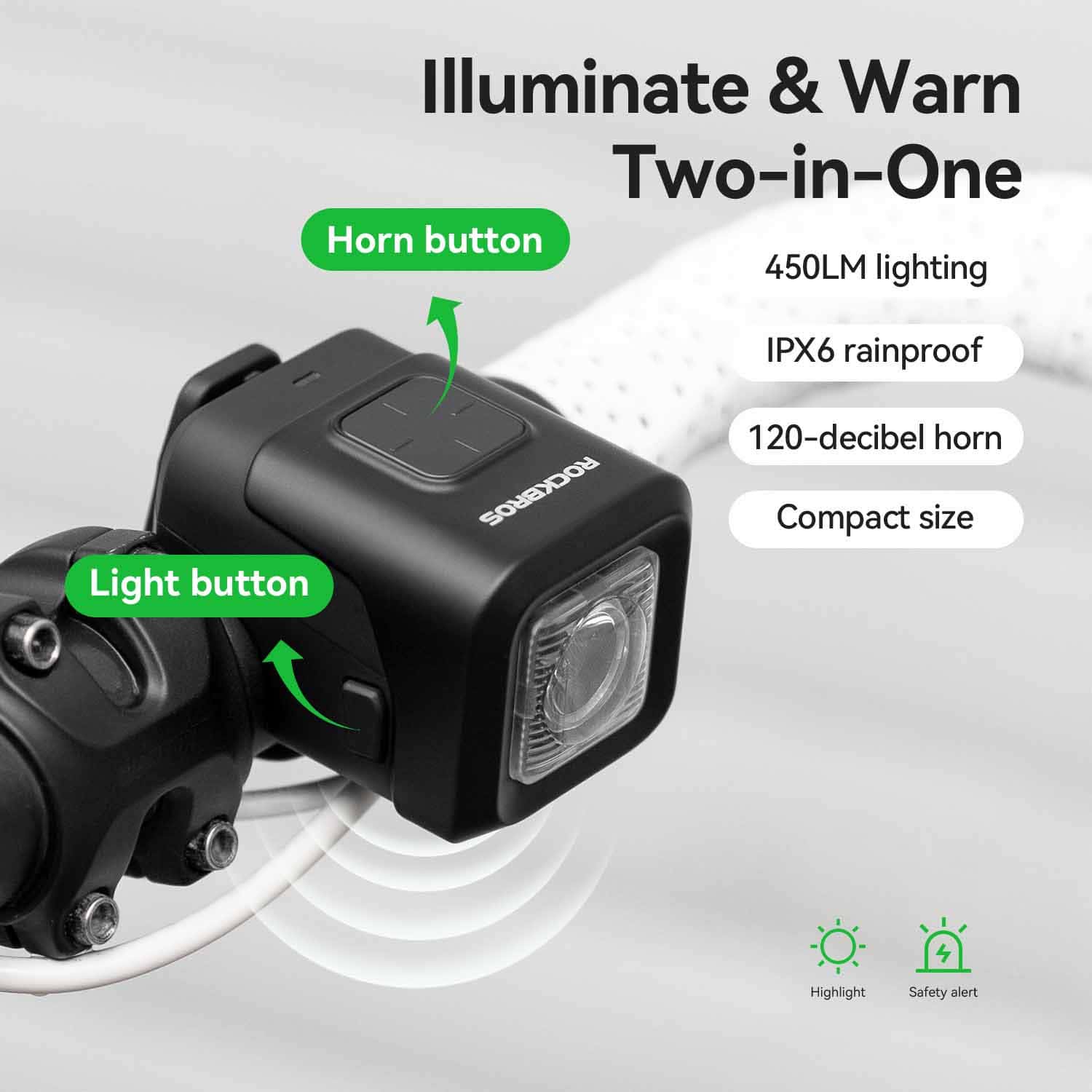 ROCKBROS 2-in-1 bike horn and front light with 450lm brightness for enhanced cycling safety and visibility