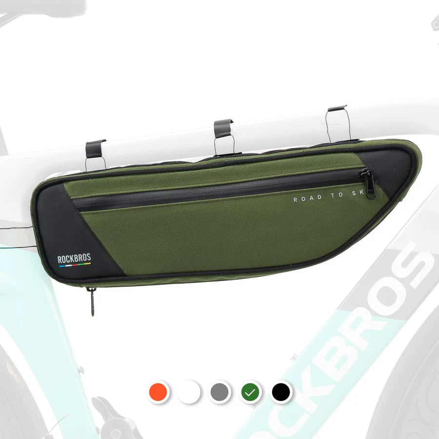 ROCKBROS 2L bike frame bag with ROCK FIT quick-release mounting and water-resistant storage design
#Color_Green