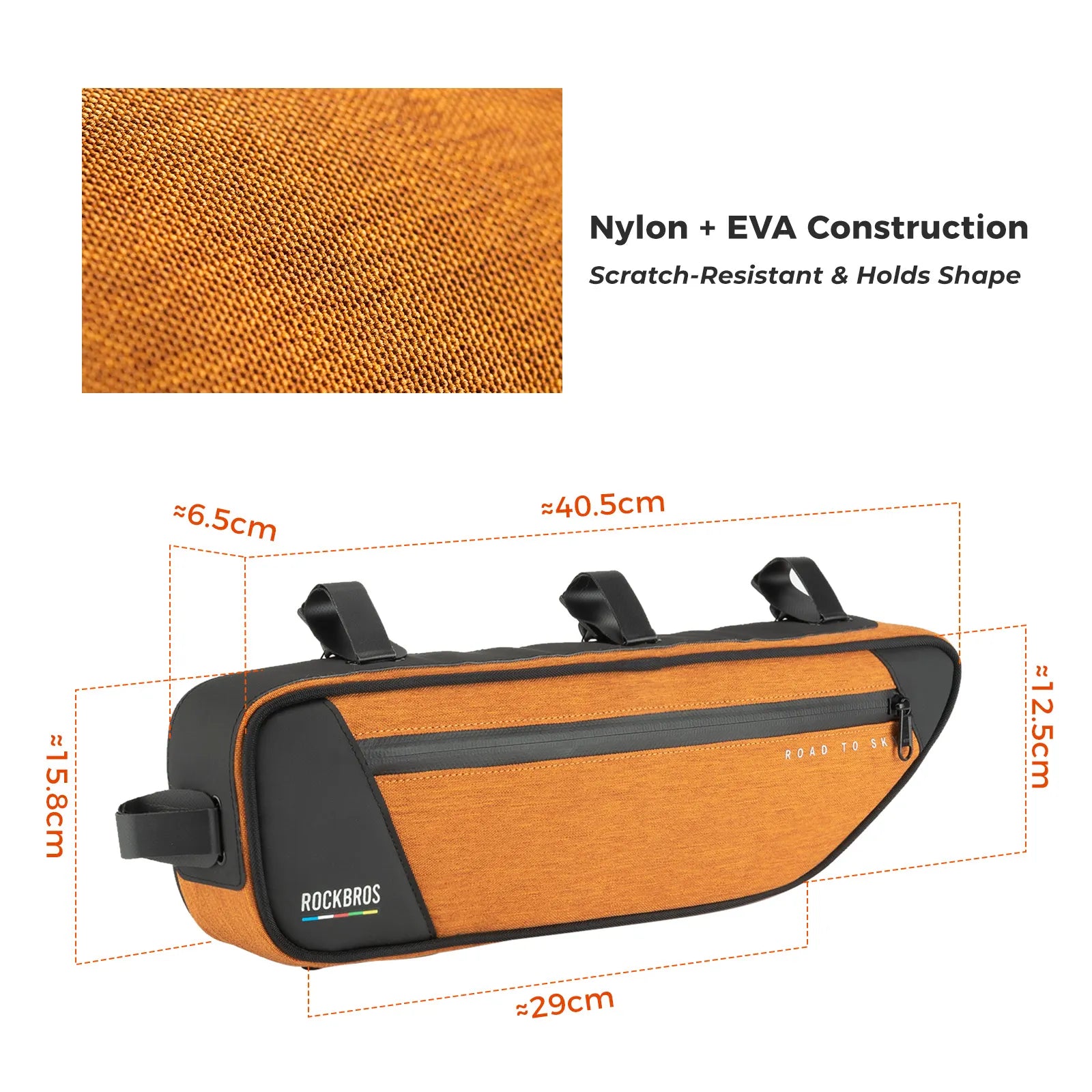 ROCKBROS 2L bike frame bag with ROCK FIT quick-release mounting and water-resistant storage design
#Color_Orange