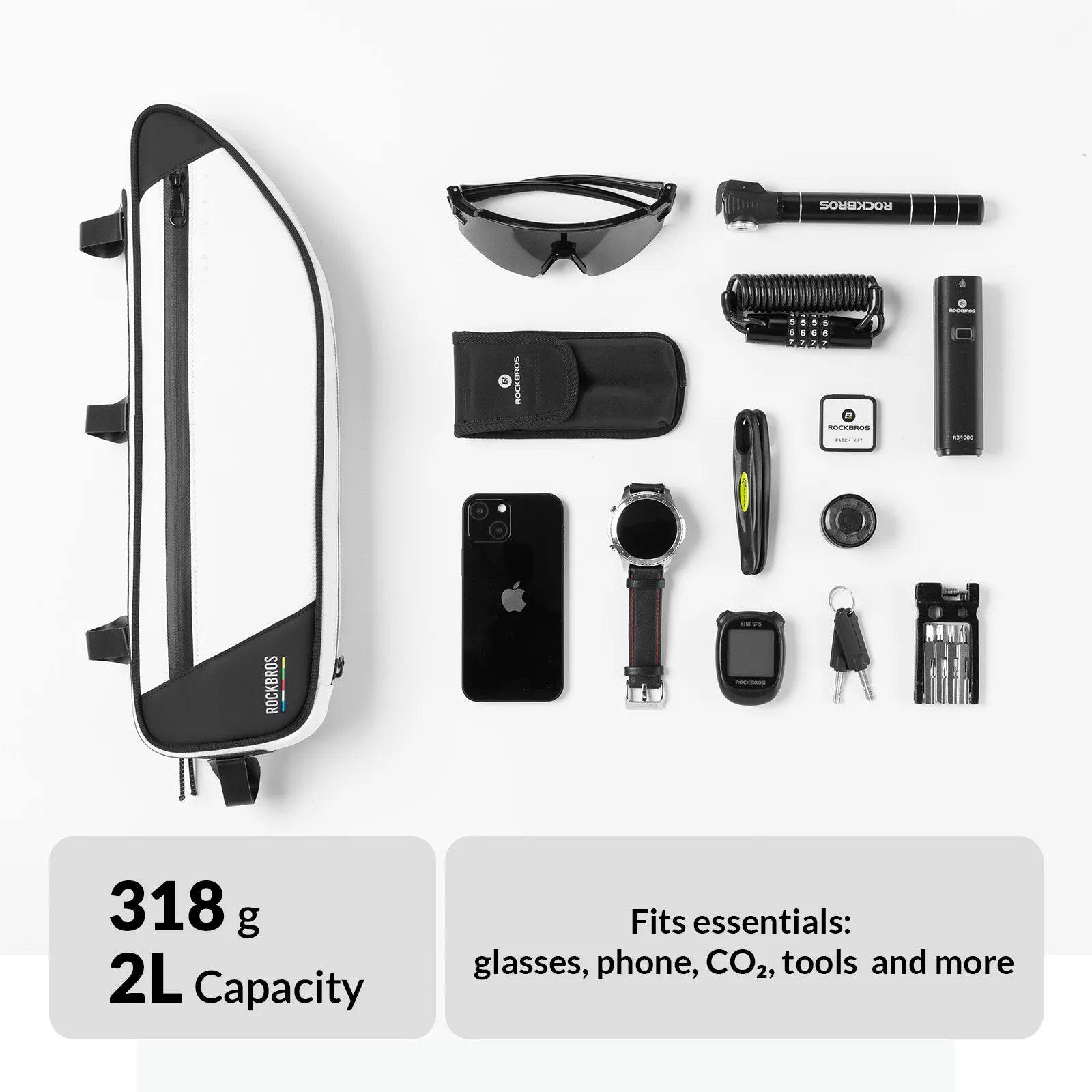 ROCKBROS 2L bike frame bag with ROCK FIT quick-release mounting and water-resistant storage design
#Color_White