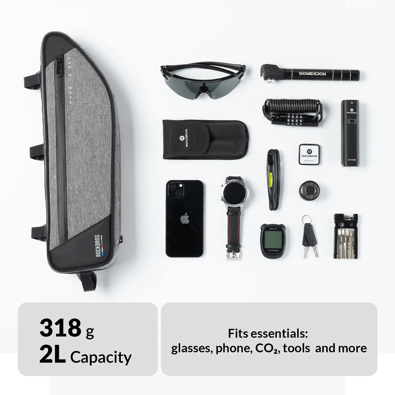 ROCKBROS 2L bike frame bag with ROCK FIT quick-release mounting and water-resistant storage design
#Color_Gray