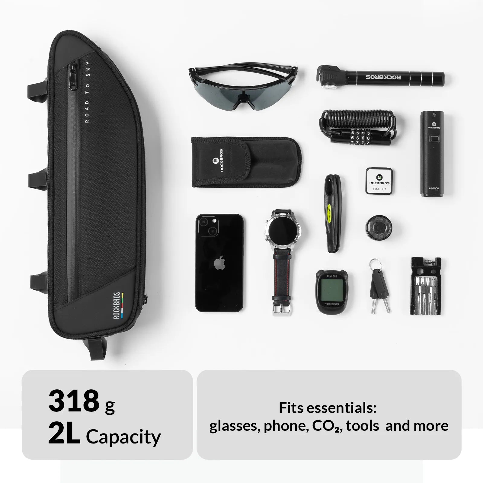 ROCKBROS 2L bike frame bag with ROCK FIT quick-release mounting and water-resistant storage design
#Color_Black