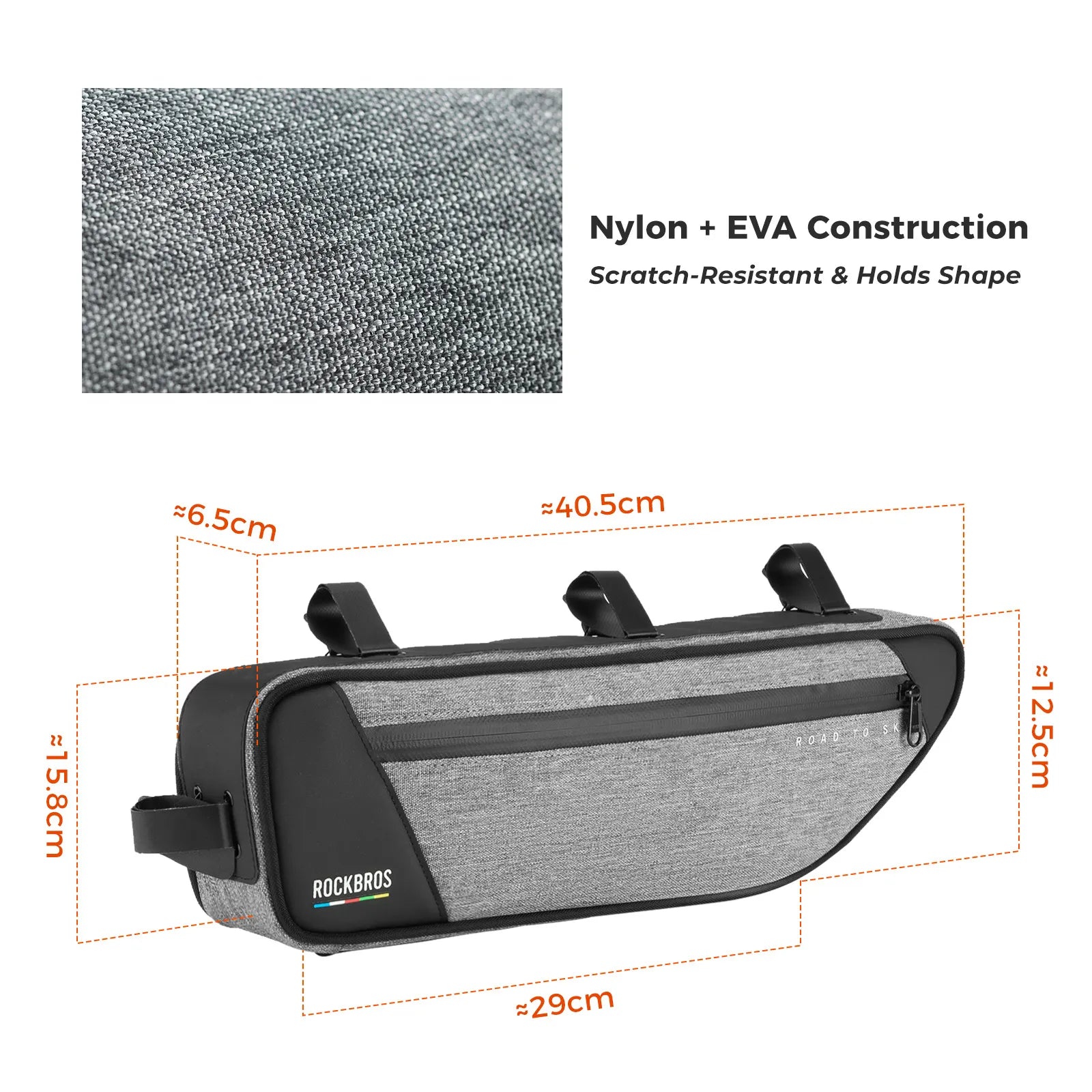 ROCKBROS 2L bike frame bag with ROCK FIT quick-release mounting and water-resistant storage design
#Color_Gray