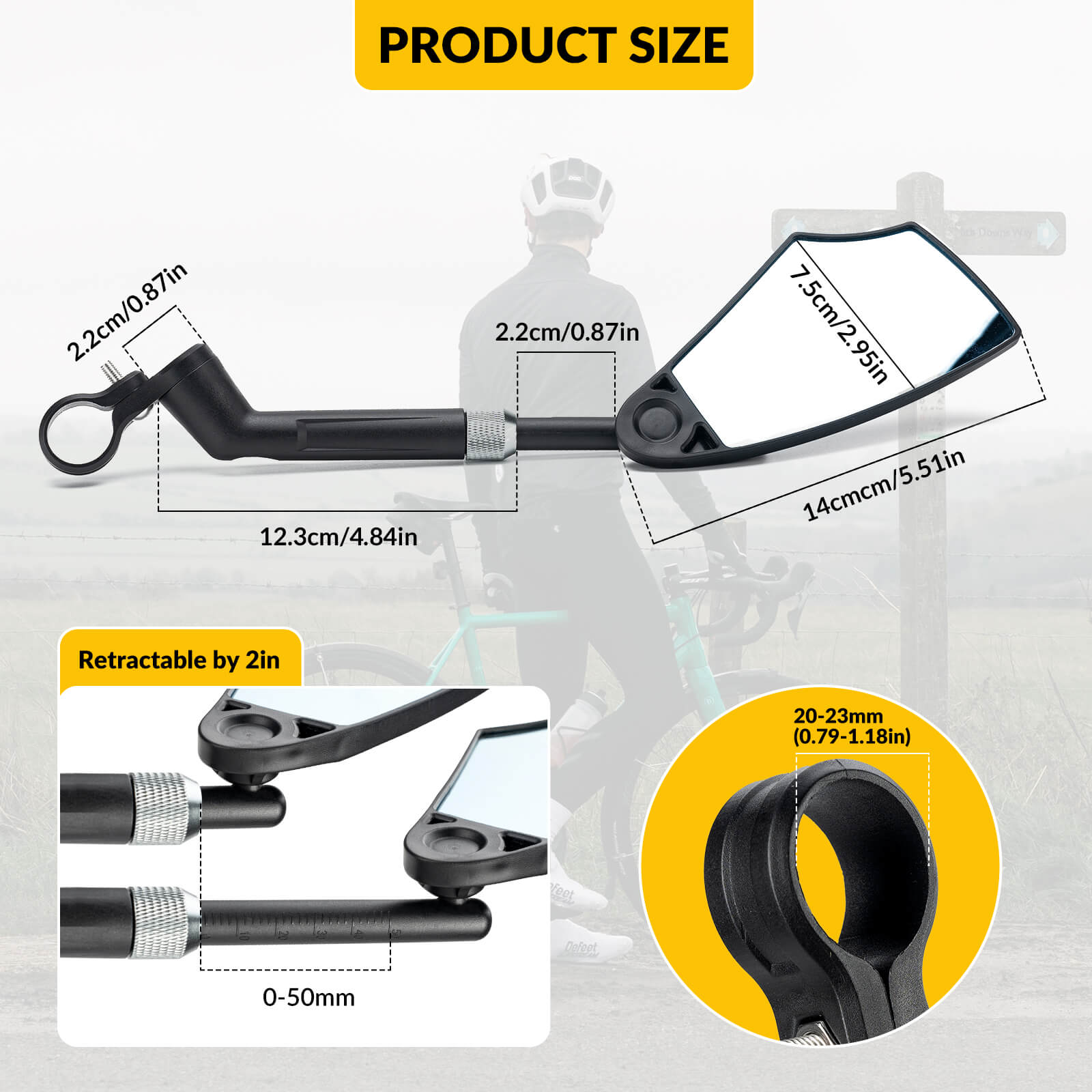 ROCKBROS anti-glare bike mirror, 360° rotation and extendable arm for optimal rear visibility