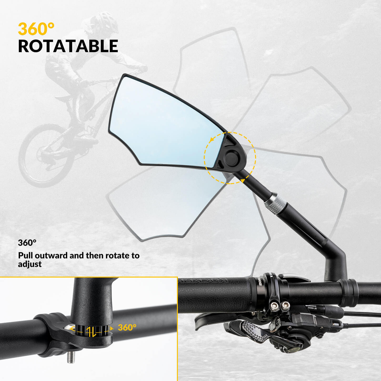 ROCKBROS anti-glare bike mirror, 360° rotation and extendable arm for optimal rear visibility