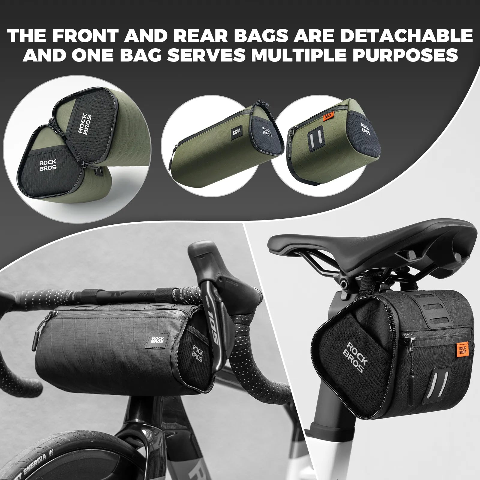ROCKBROS 4-in-1 convertible bike bag that functions as a handlebar bag, frame bag, saddle bag, and shoulder bag