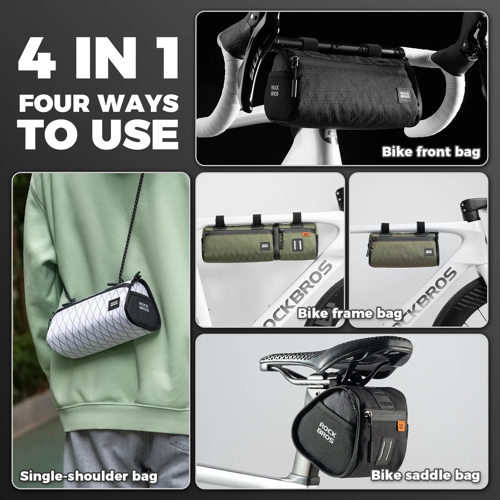 ROCKBROS 4-in-1 convertible bike bag that functions as a handlebar bag, frame bag, saddle bag, and shoulder bag
