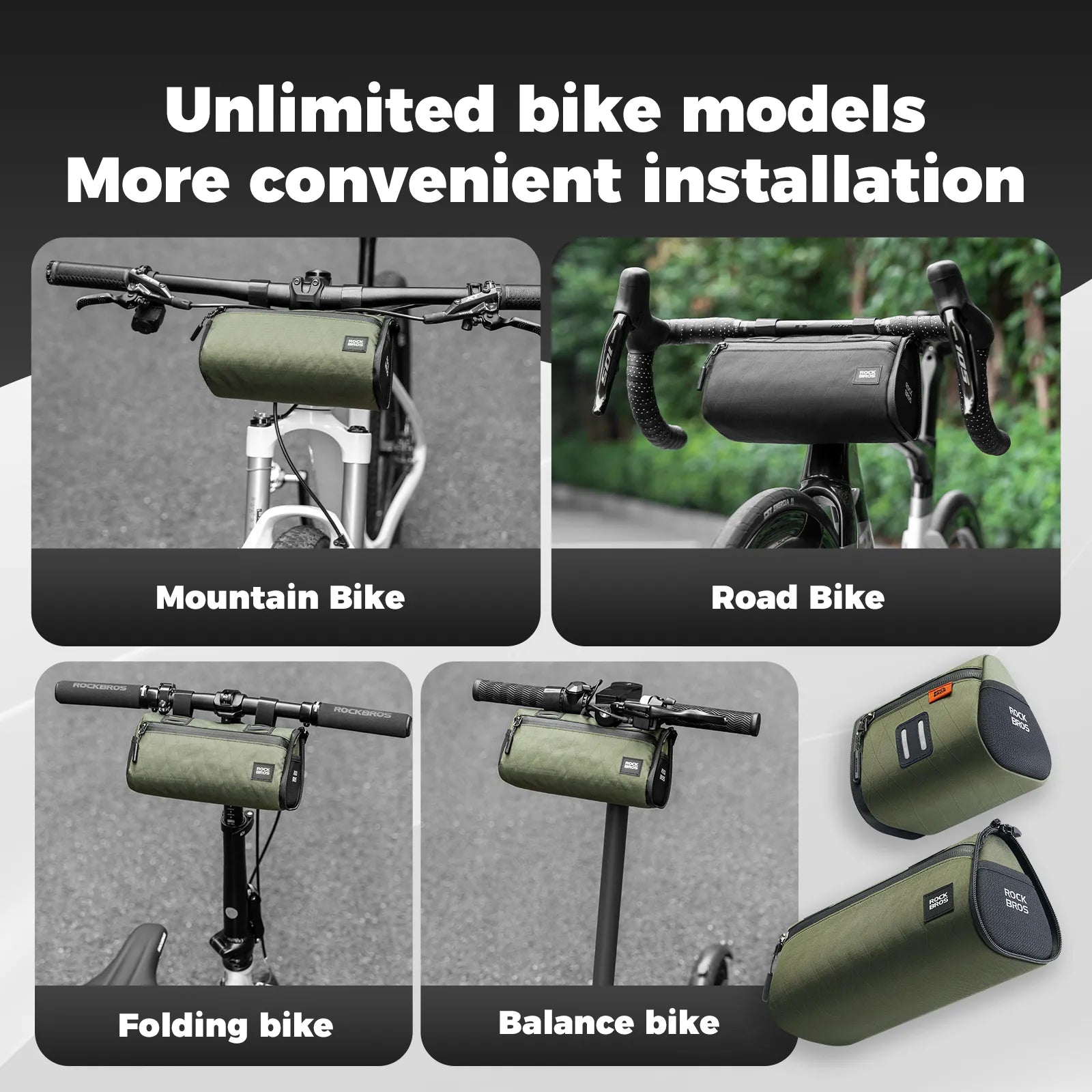 ROCKBROS 4-in-1 convertible bike bag that functions as a handlebar bag, frame bag, saddle bag, and shoulder bag