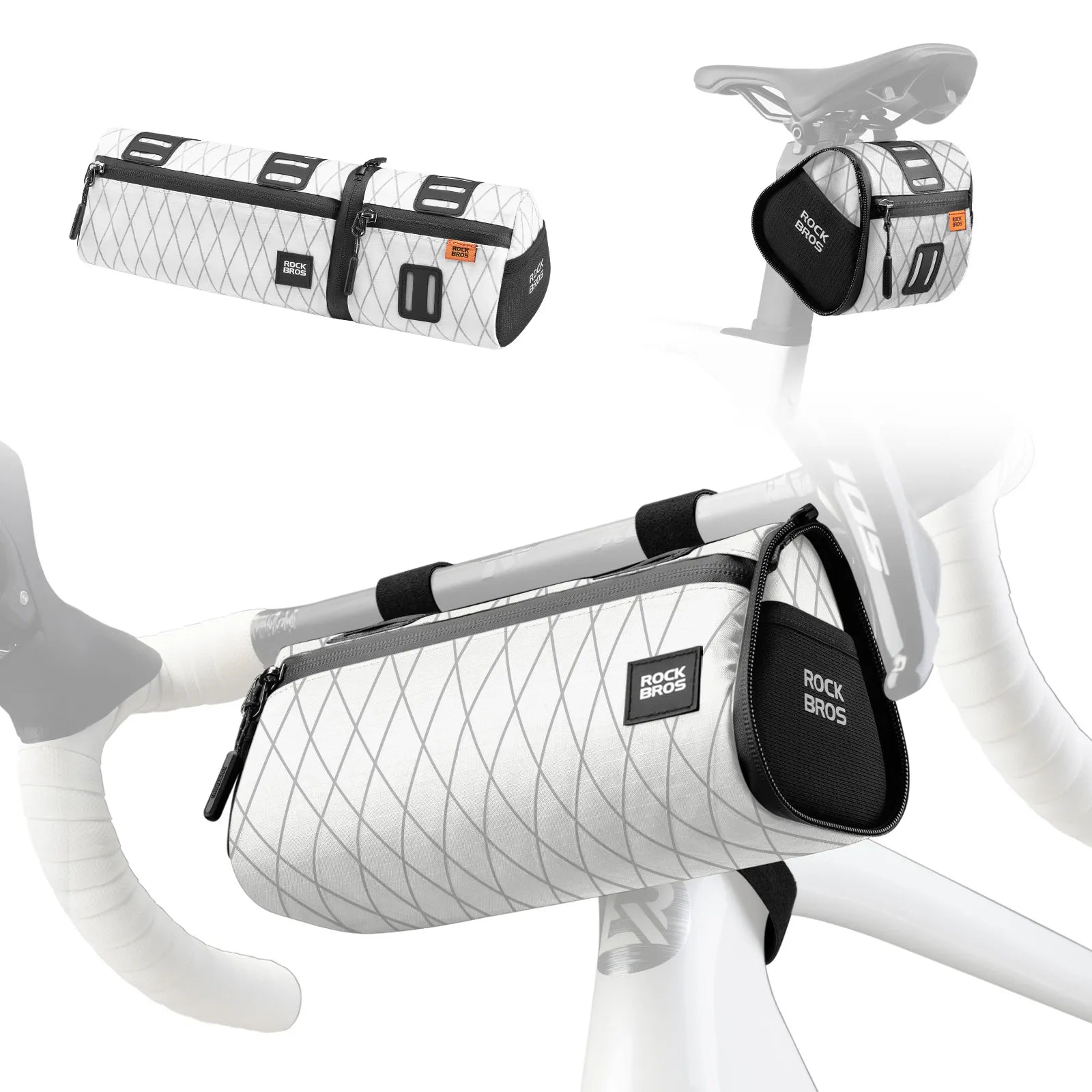 ROCKBROS 4-in-1 convertible bike bag that functions as a handlebar bag, frame bag, saddle bag, and shoulder bag
#Color_White