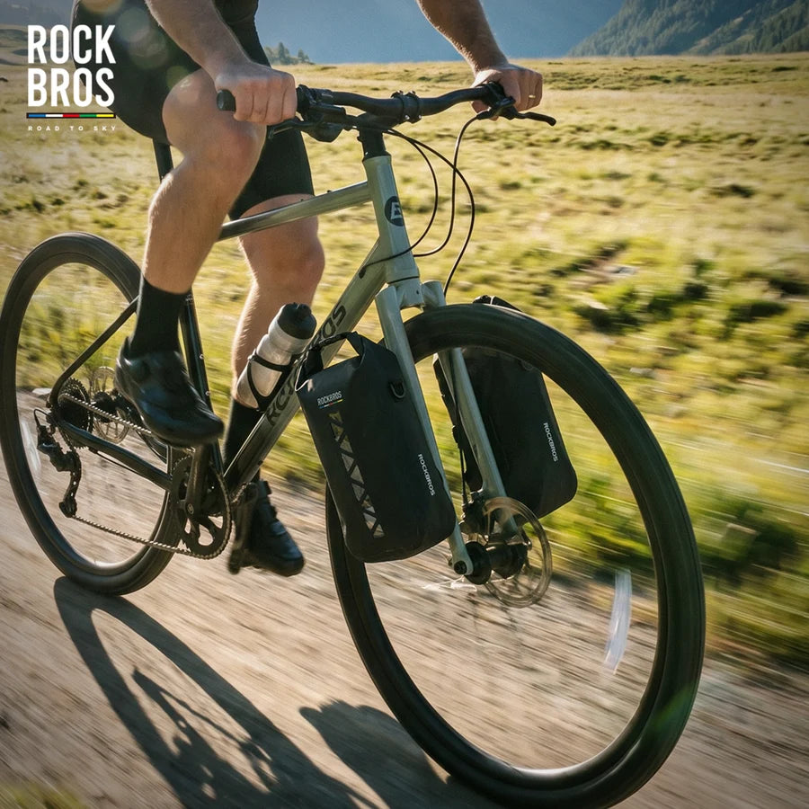 ROCKBROS 4L waterproof bike fork bag with quick-release mount for bikepacking, gravel riding, and outdoor cycling