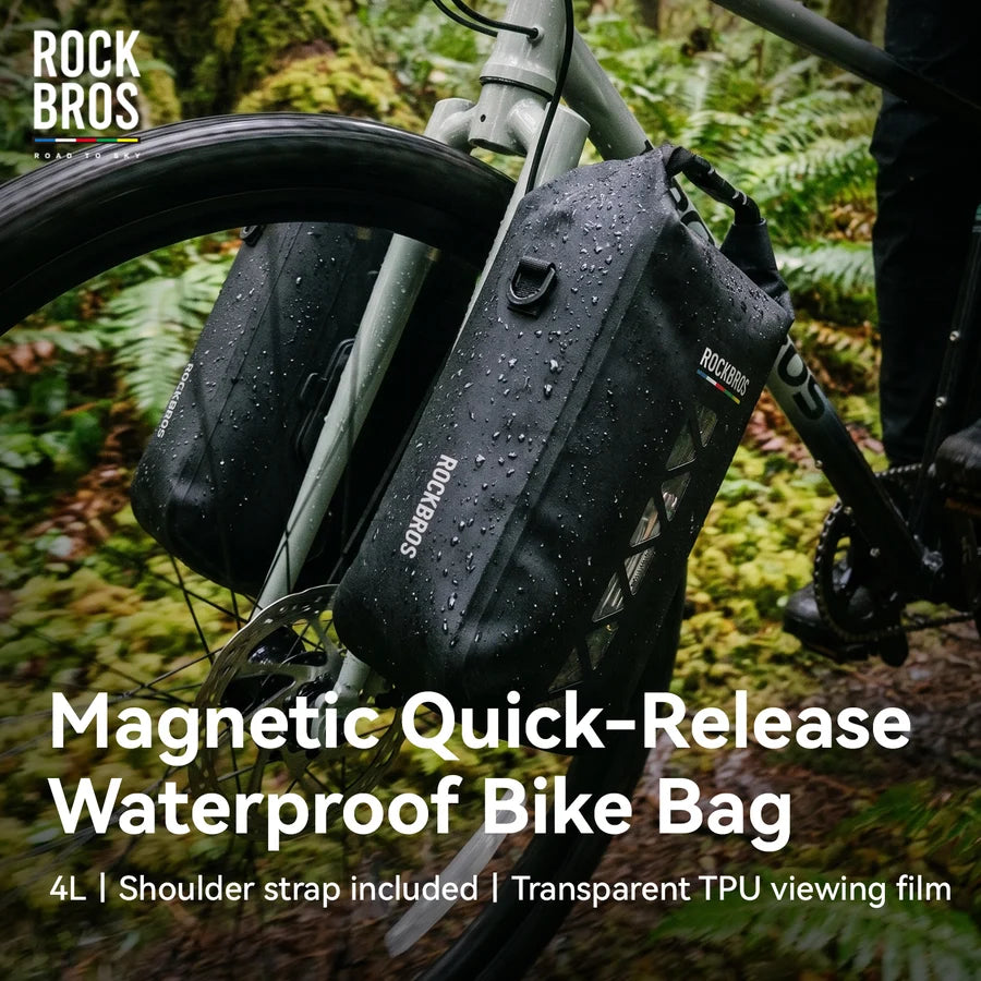ROCKBROS 4L waterproof bike fork bag with quick-release mount for bikepacking, gravel riding, and outdoor cycling
