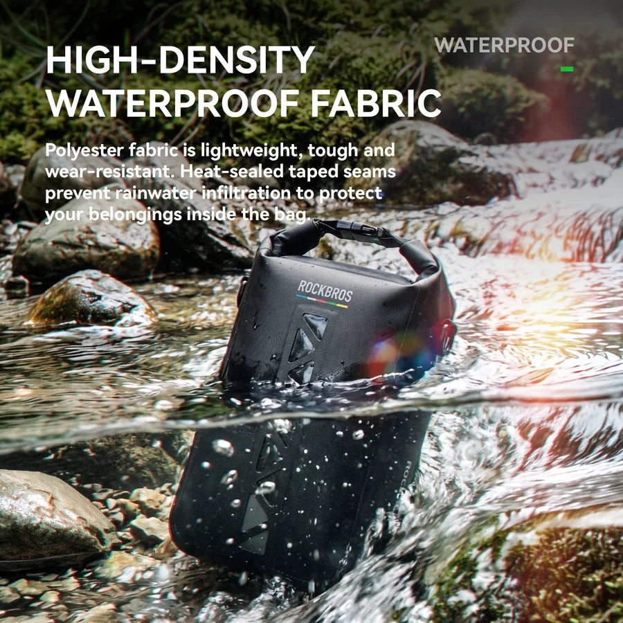 ROCKBROS 4L waterproof bike fork bag with quick-release mount for bikepacking, gravel riding, and outdoor cycling