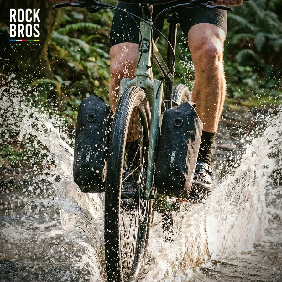 ROCKBROS 4L waterproof bike fork bag with quick-release mount for bikepacking, gravel riding, and outdoor cycling