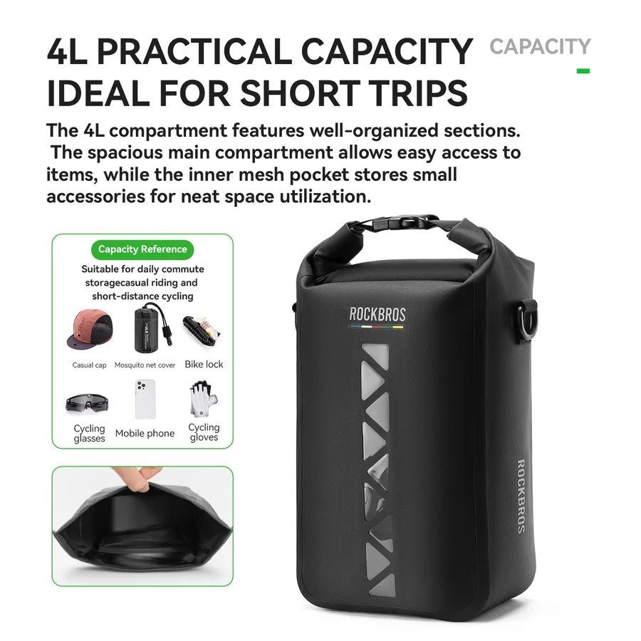 ROCKBROS 4L waterproof bike fork bag with quick-release mount for bikepacking, gravel riding, and outdoor cycling