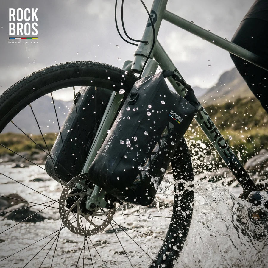 ROCKBROS 4L waterproof bike fork bag with quick-release mount for bikepacking, gravel riding, and outdoor cycling