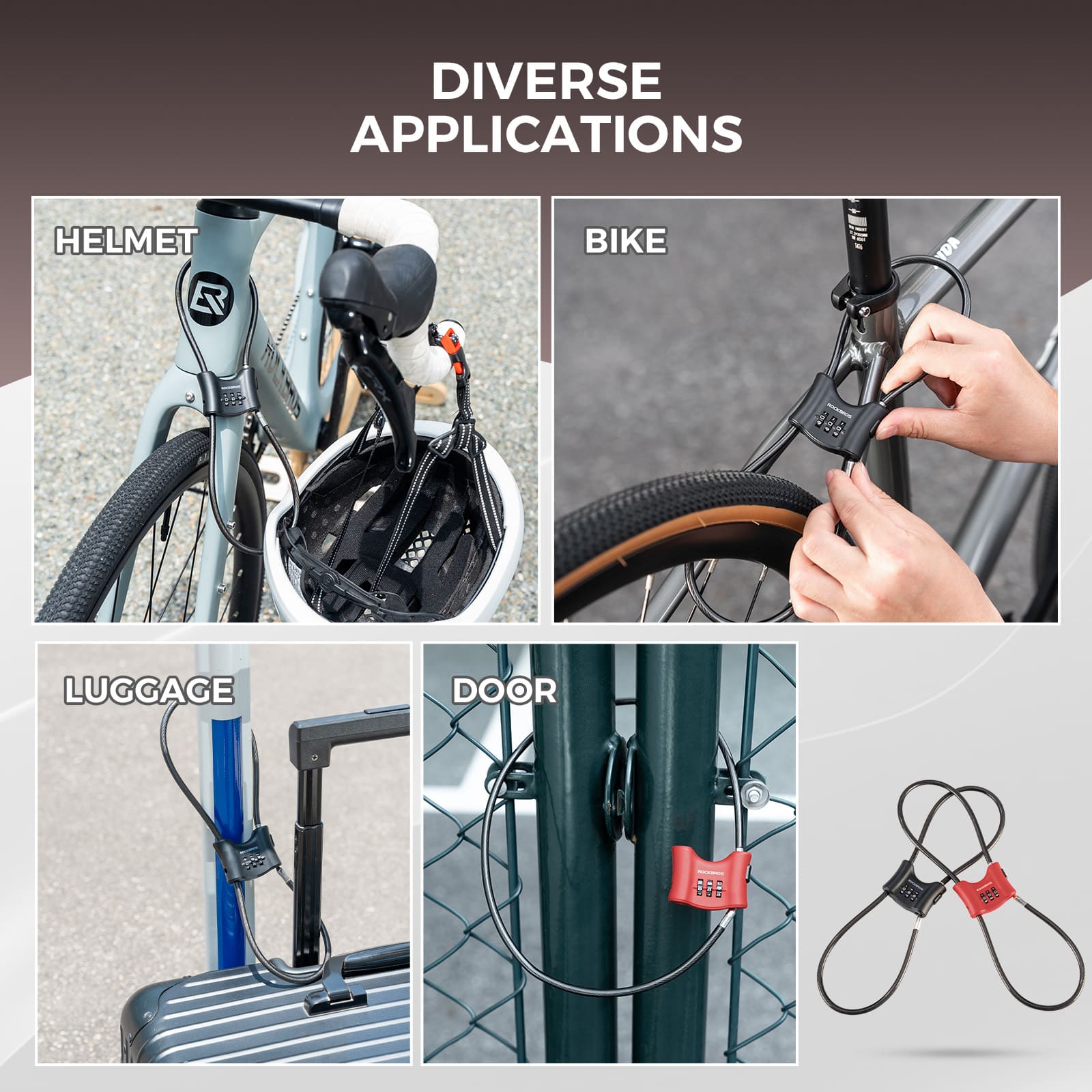 ROCKBROS 5.5mm steel cable bike lock with double loop for cycling anti-theft protection