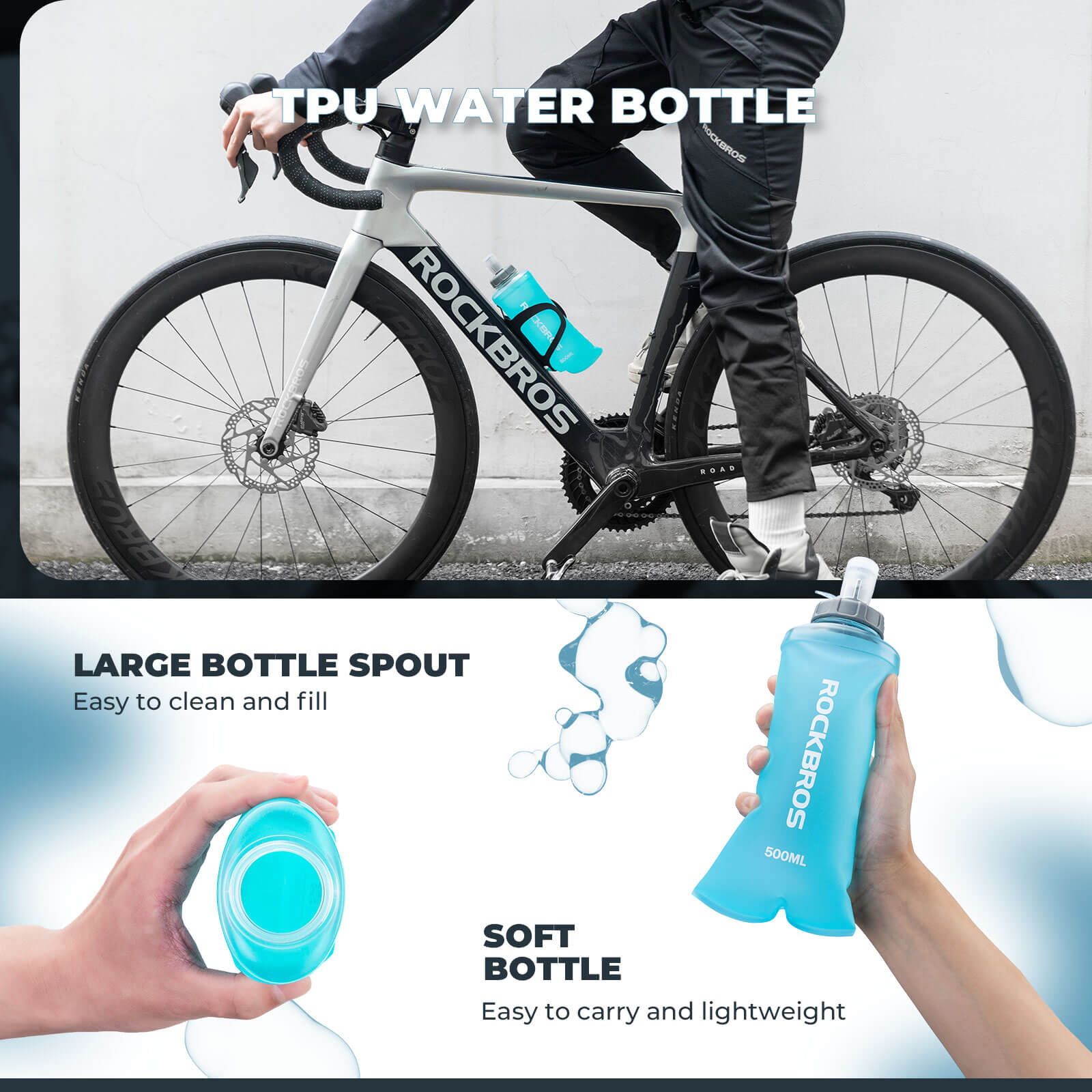 ROCKBROS 500ml foldable water bottle for outdoor cycling, running