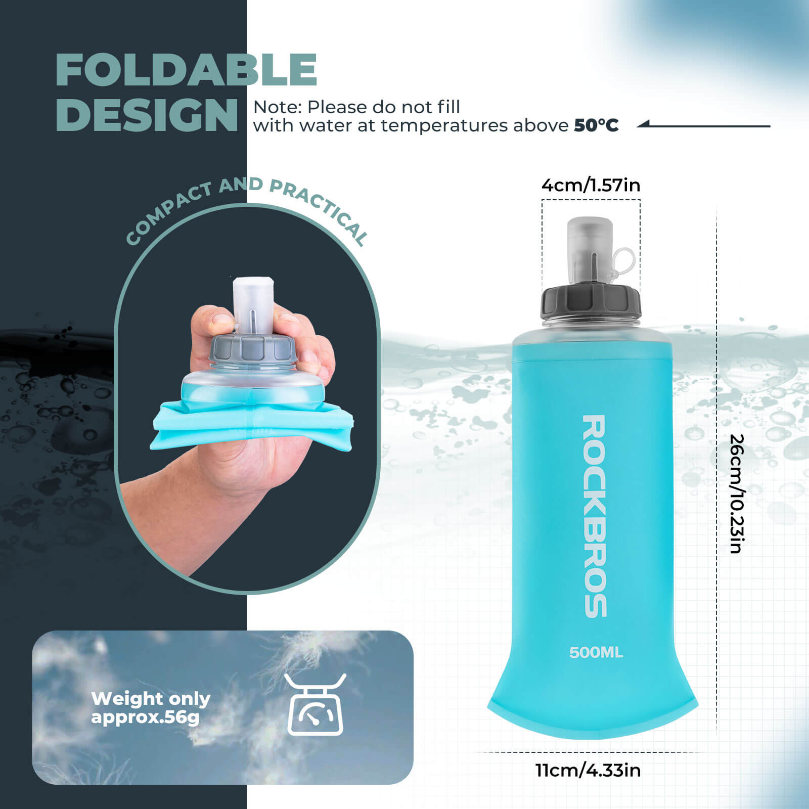 ROCKBROS 500ml foldable water bottle for outdoor cycling, running
