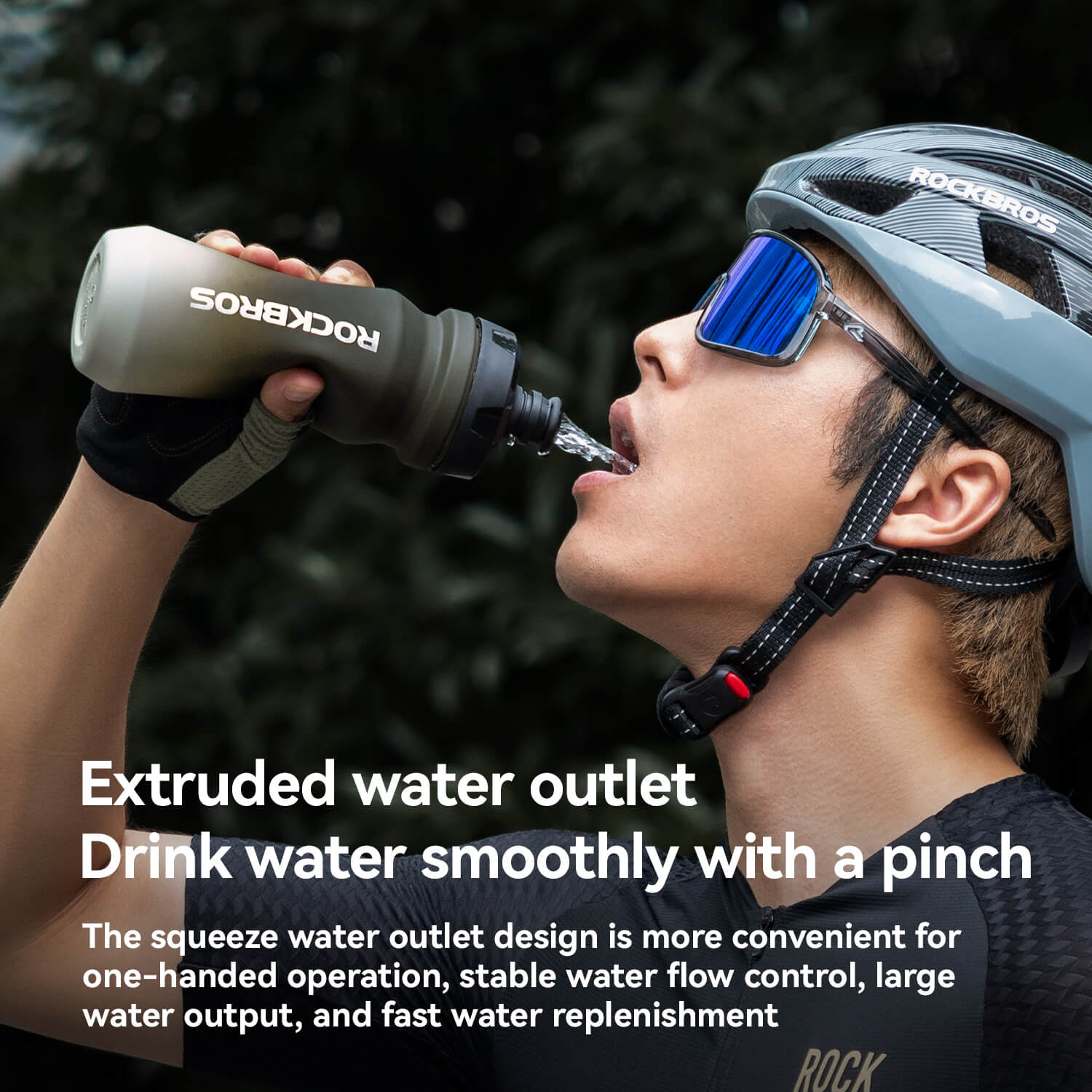 Person wearing a helmet and sunglasses drinking from a ROCKBROS water bottle with text about the bottle's features.
