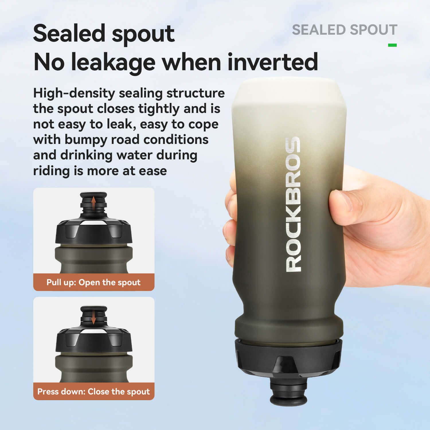 ROCKBROS 600ml bike water bottle with soft skin-feeling grip and pull-top lid
