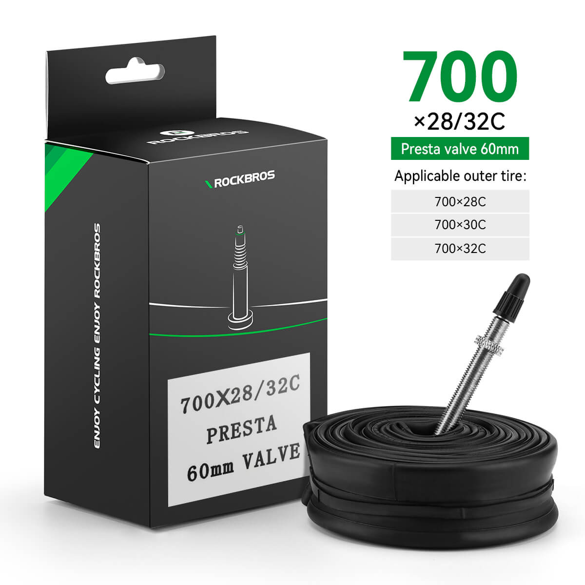 Bicycle inner tube with RockBros packaging
Valve type:
#700x28/32C-Presta-60mm