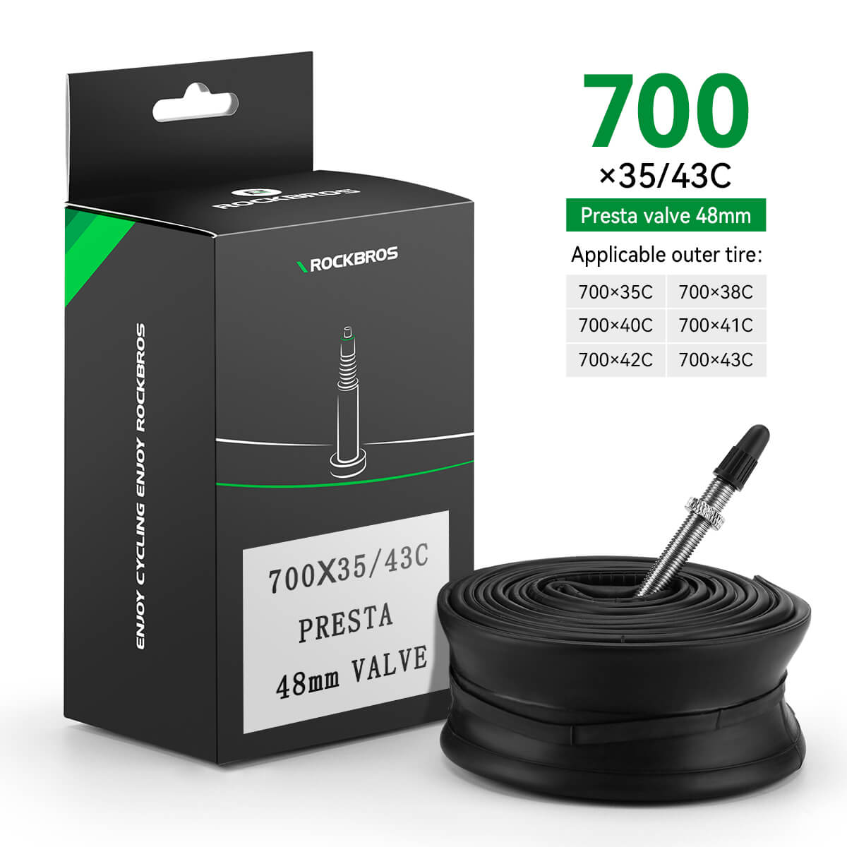 Bicycle inner tube with RockBros packaging
Valve type:
#700x35/43C-Presta-48mm