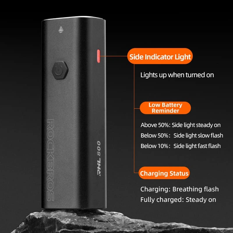 ROCKBROS 800 Lumen Bike Headlight with USB-C Charging, Dual Beam, Aluminum Body, and Waterproof Design