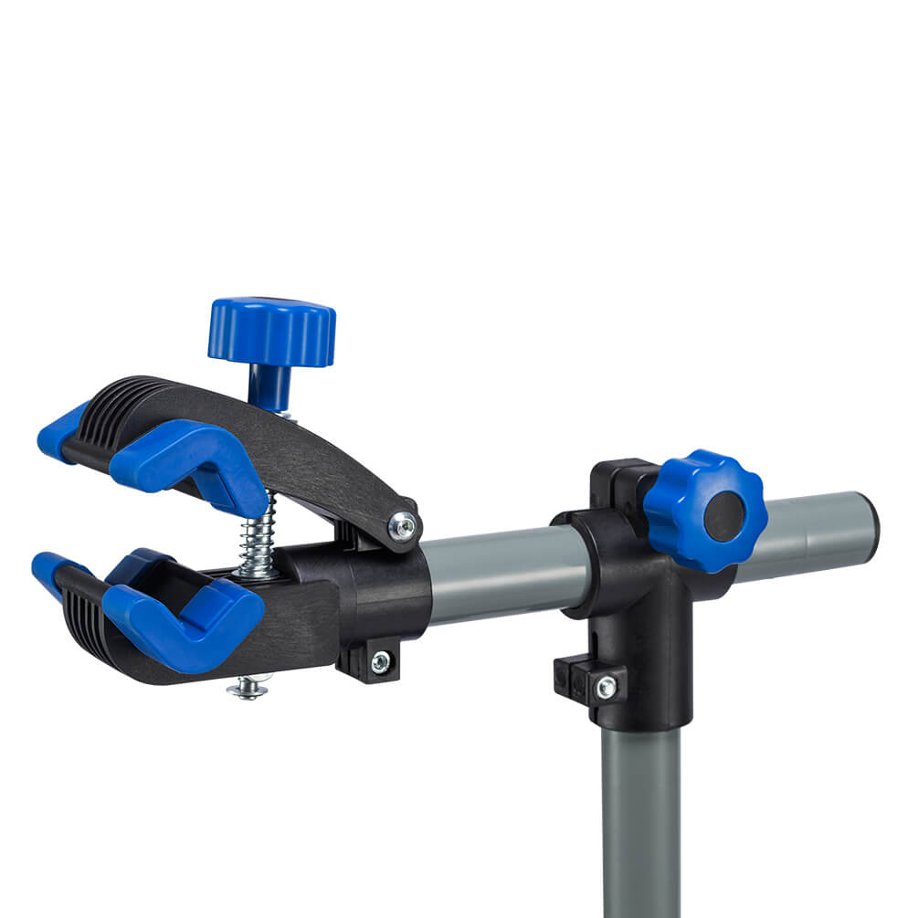ROCKBROS adjustable telescopic bike repair stand with 360-degree rotating clamp, height adjustment, and foldable four-leg base for bicycle maintenance