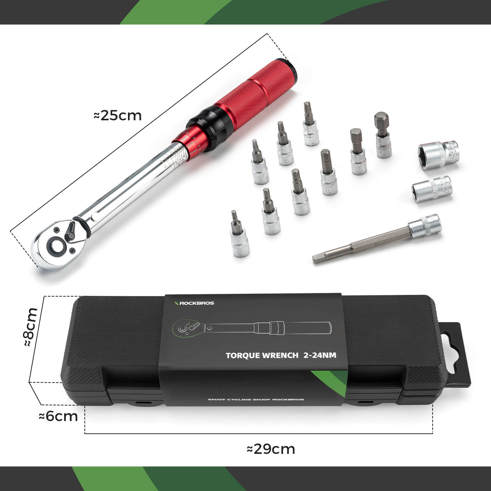 ROCKBROS Adjustable Torque Wrench Set for precise bicycle maintenance and repair, featuring 72-tooth ratchet and 2-24Nm torque adjustment