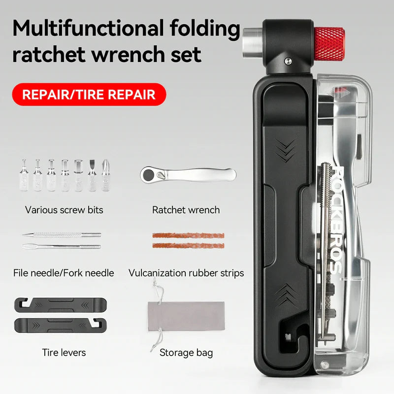 ROCKBROS all-in-one bike repair tool kit with mini ratchet, tire repair tools, and CO2 inflator
