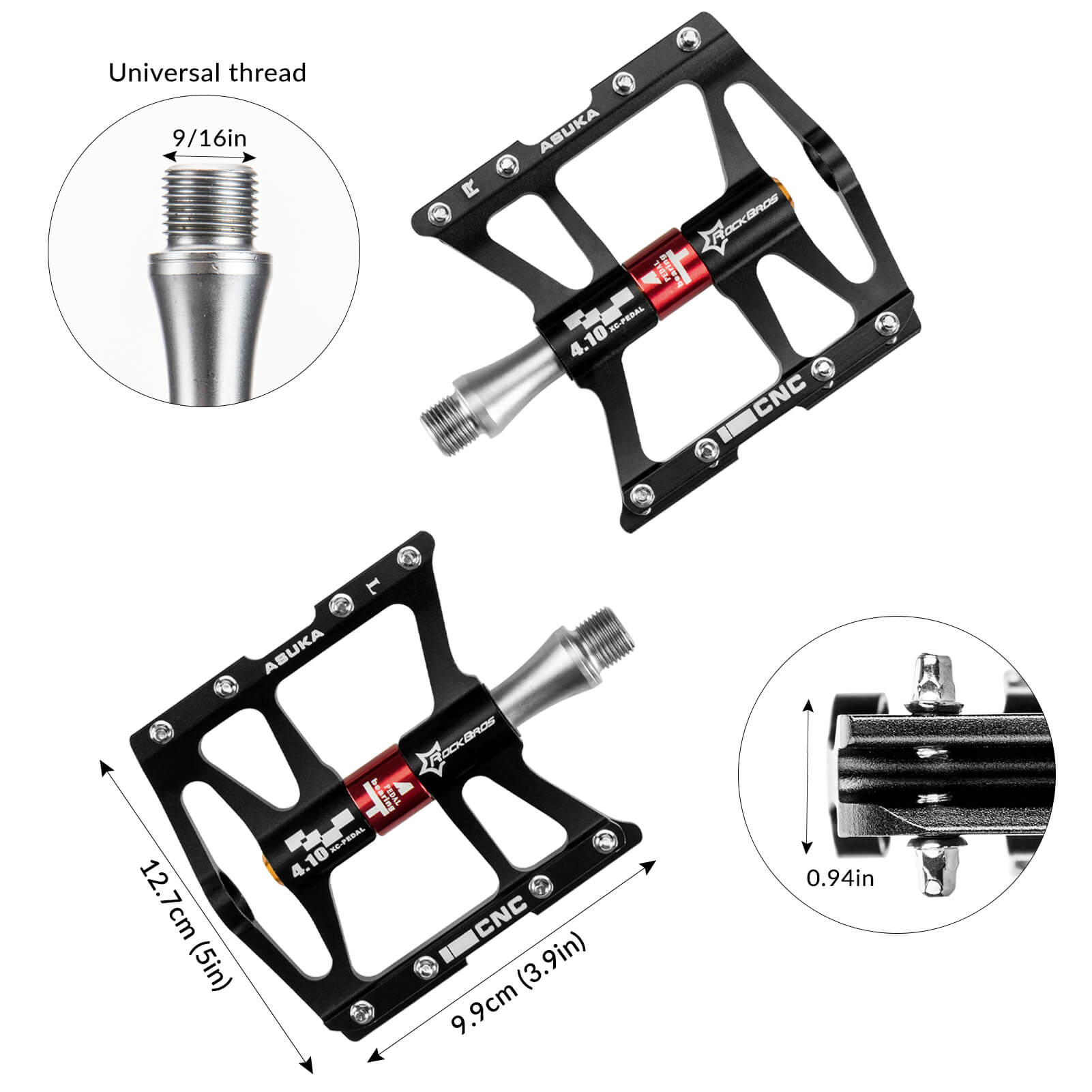 ROCKBROS Aluminum Alloy 4 Bearings Bike Pedals with wide platform, anti-slip studs