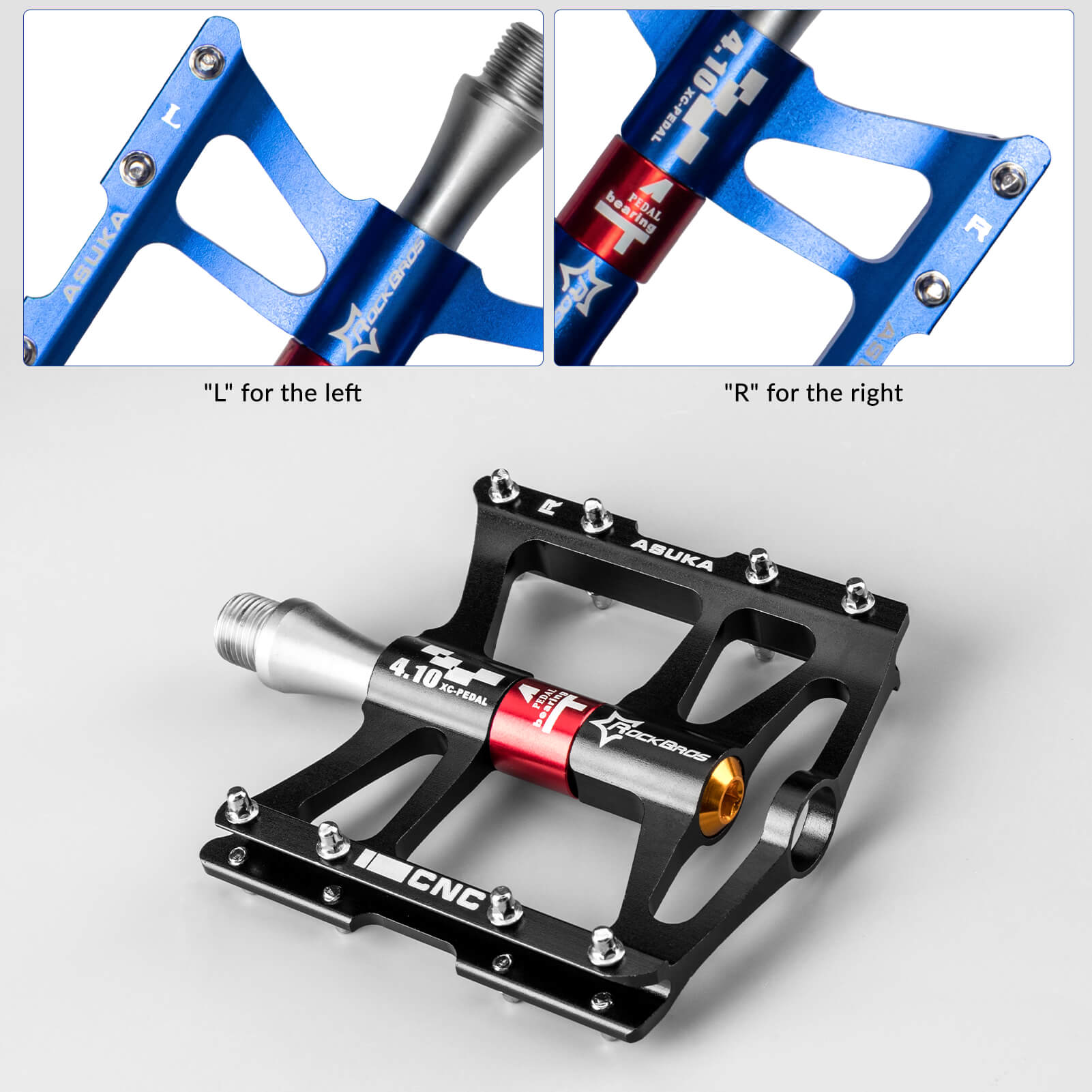 ROCKBROS Aluminum Alloy 4 Bearings Bike Pedals with wide platform, anti-slip studs