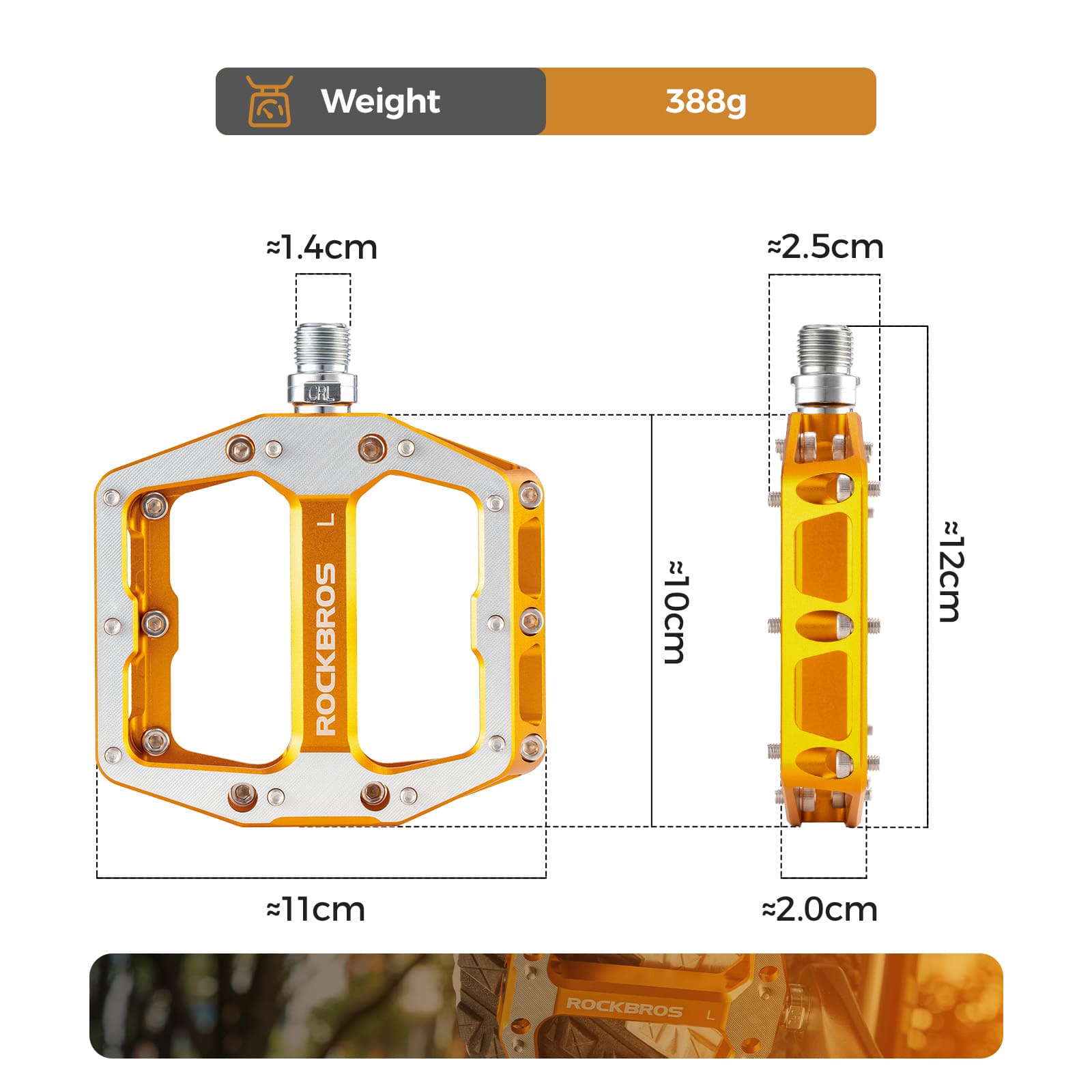 ROCKBROS aluminum alloy downhill bike pedals with wide platform and anti-slip pins for MTB riding
#Color_Gold