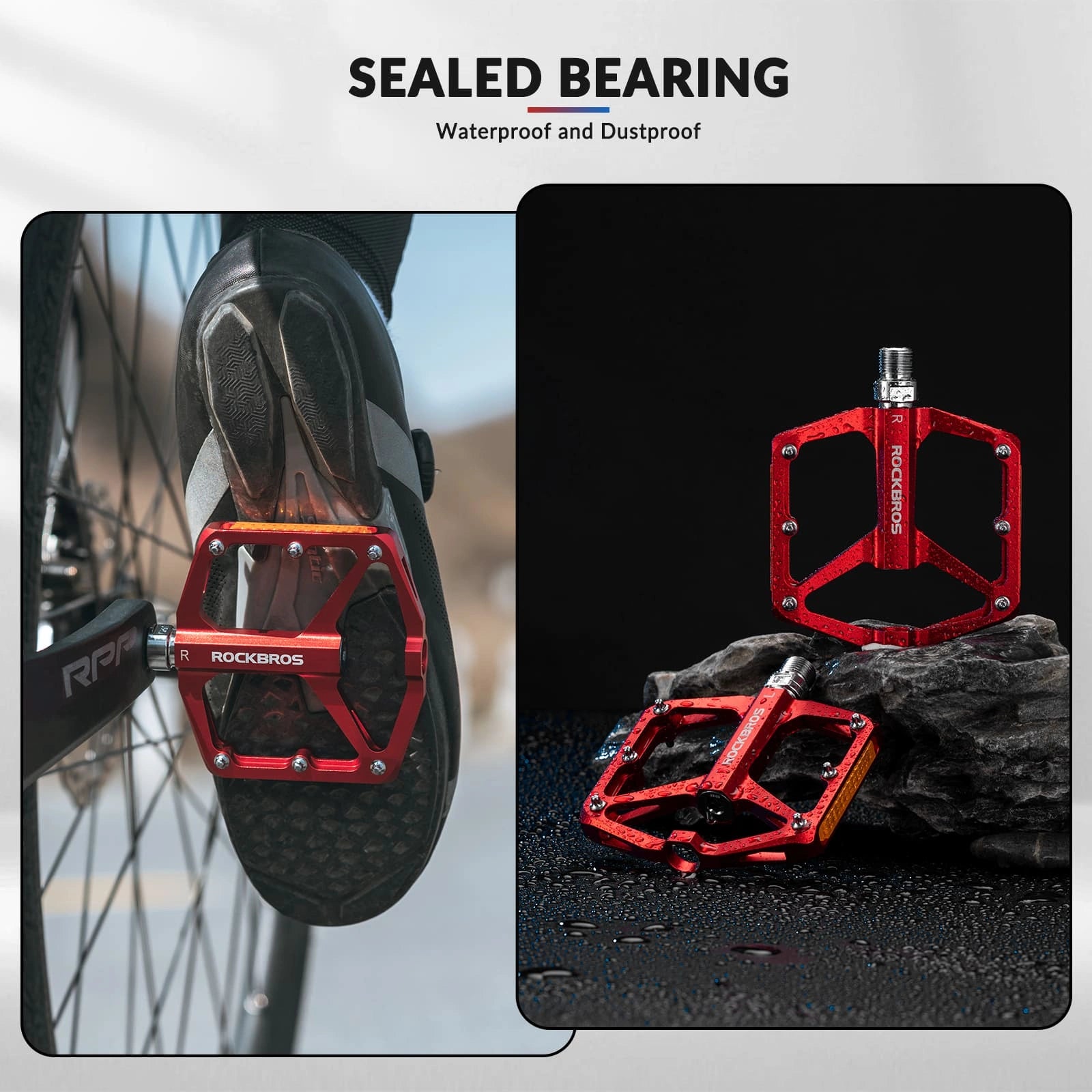 ROCKBROS Aluminum Alloy Reflective Bike Pedals with Anti-Slip Studs, Sealed Bearings, and Lightweight Hollow Design
#Color_Red