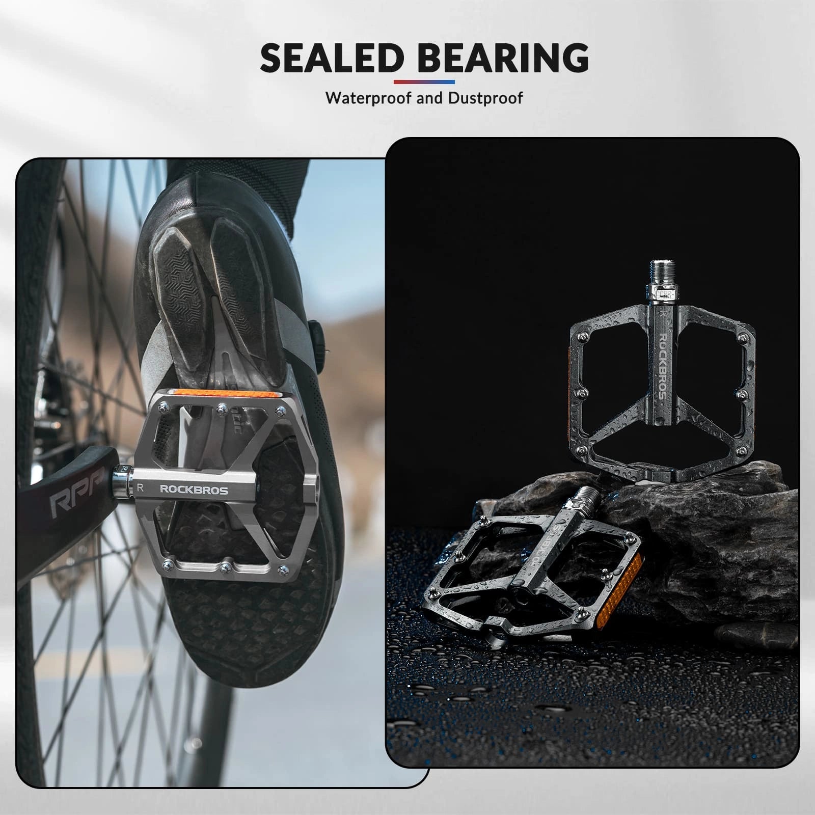 ROCKBROS Aluminum Alloy Reflective Bike Pedals with Anti-Slip Studs, Sealed Bearings, and Lightweight Hollow Design
#Color_Titanium