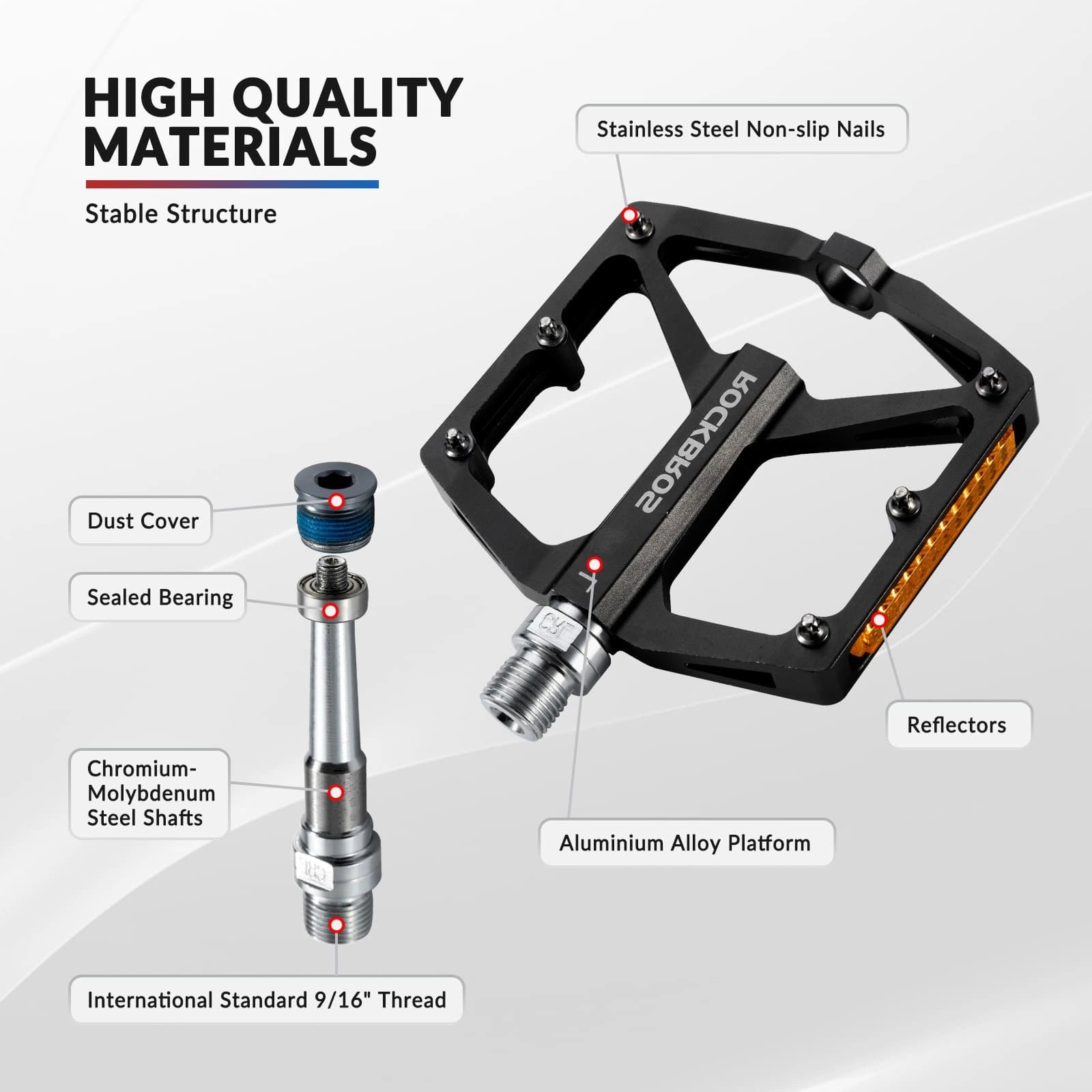 ROCKBROS Aluminum Alloy Reflective Bike Pedals with Anti-Slip Studs, Sealed Bearings, and Lightweight Hollow Design
#Color_Black