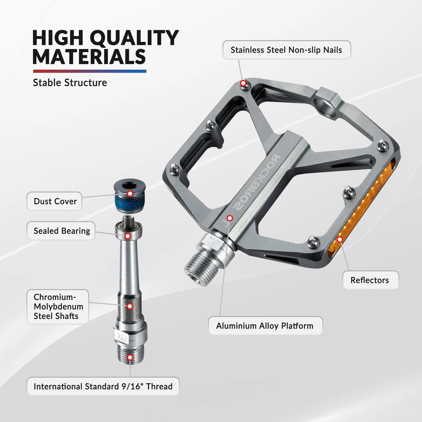 ROCKBROS Aluminum Alloy Reflective Bike Pedals with Anti-Slip Studs, Sealed Bearings, and Lightweight Hollow Design
#Color_Titanium