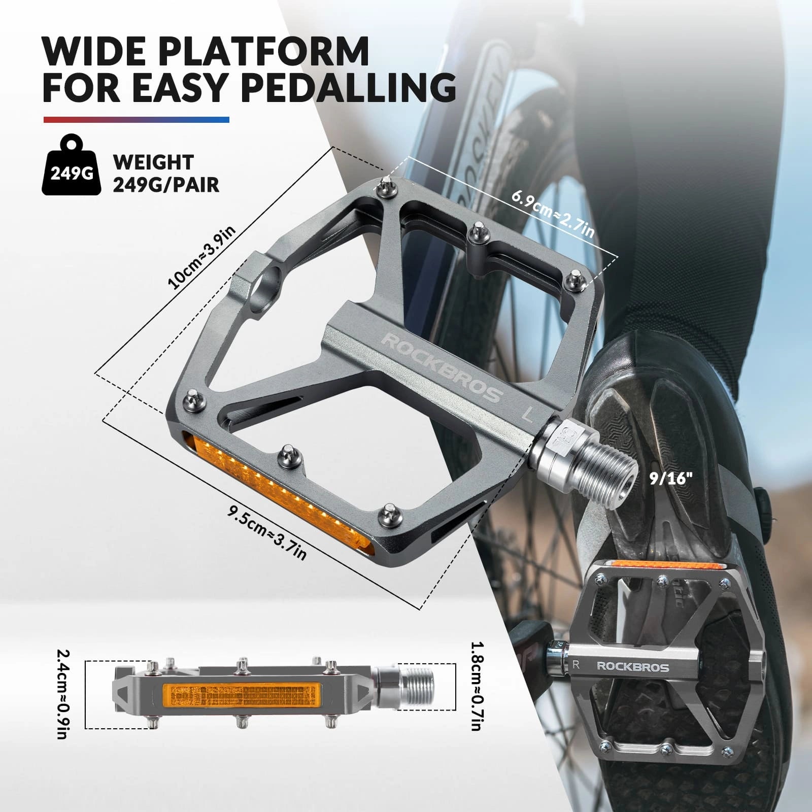 ROCKBROS Aluminum Alloy Reflective Bike Pedals with Anti-Slip Studs, Sealed Bearings, and Lightweight Hollow Design
#Color_Black