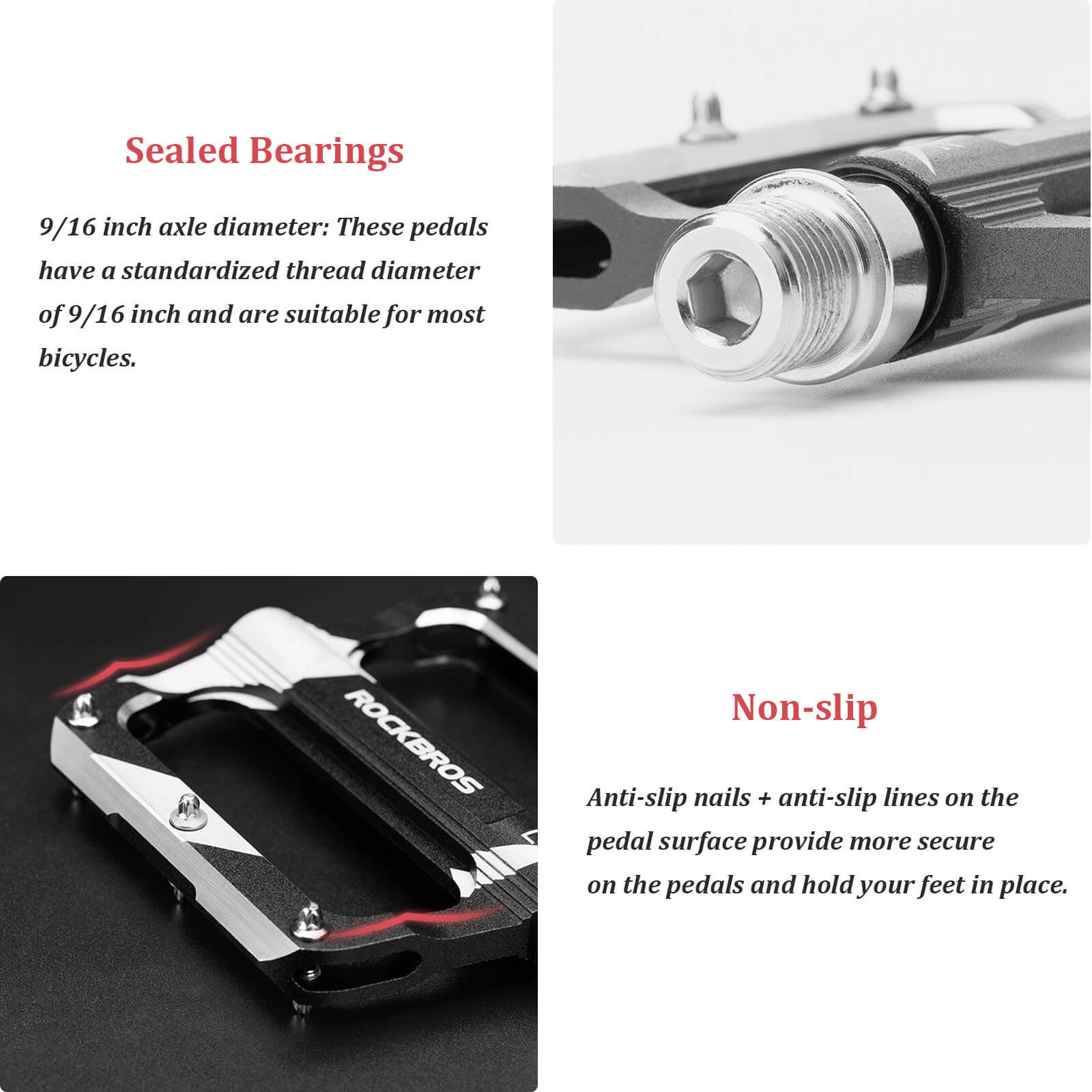 ROCKBROS aluminum alloy bike pedals with sealed bearings for smooth and durable pedaling