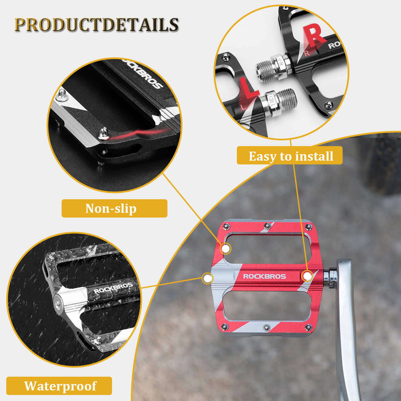 Wide platform ROCKBROS bike pedals ideal for mountain, road, and leisure bikes
#Color_Red