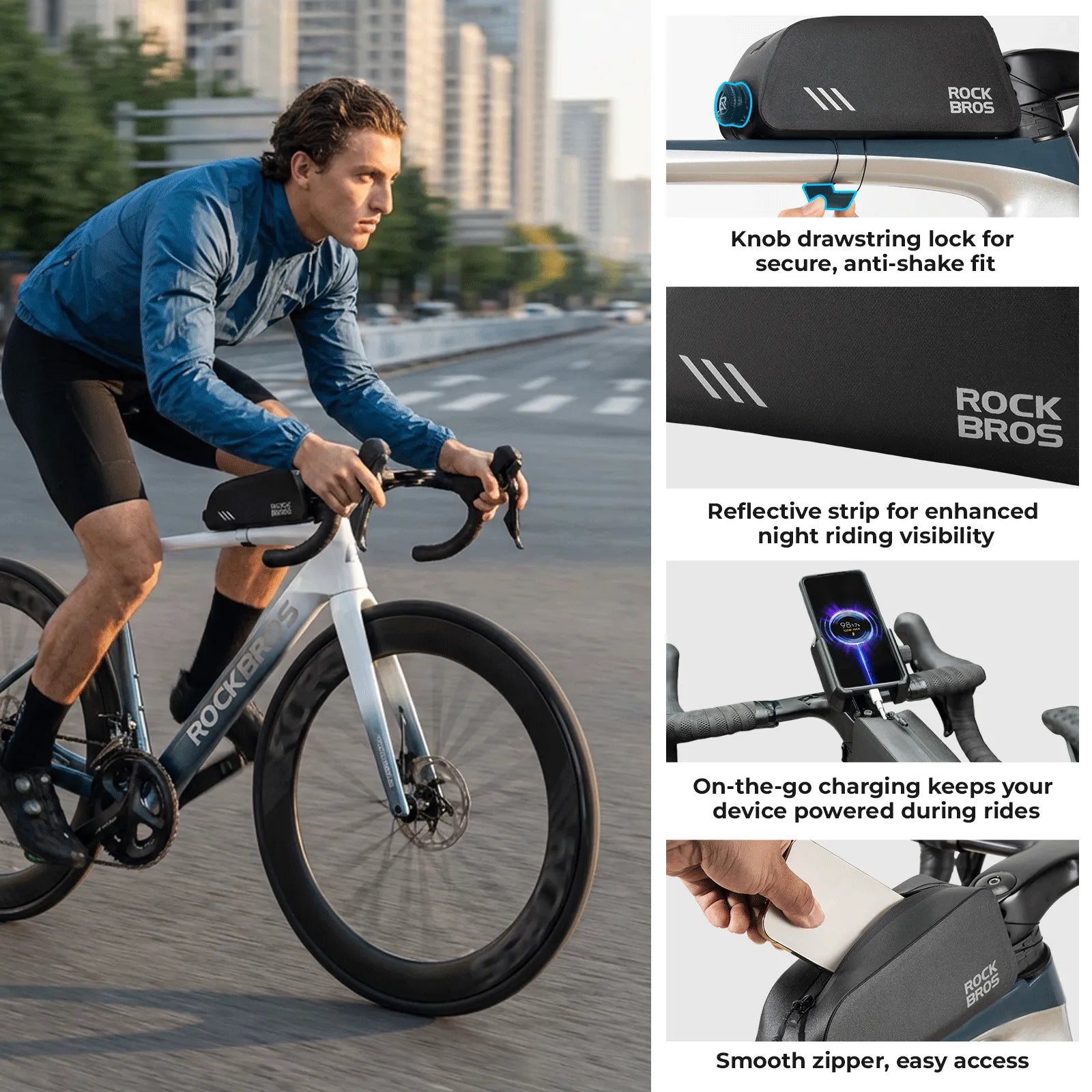 ROCKBROS AS-172 waterproof bike top tube bag with 0.9L storage for road, mountain, and gravel bikes